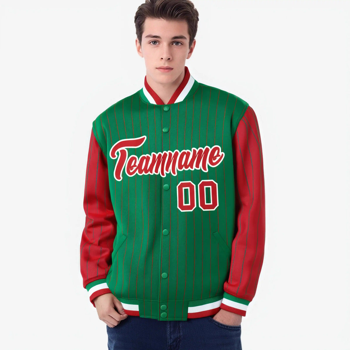Custom Green Red-Green Personalized Stripe Fashion Letterman Bomber Varsity Jacket