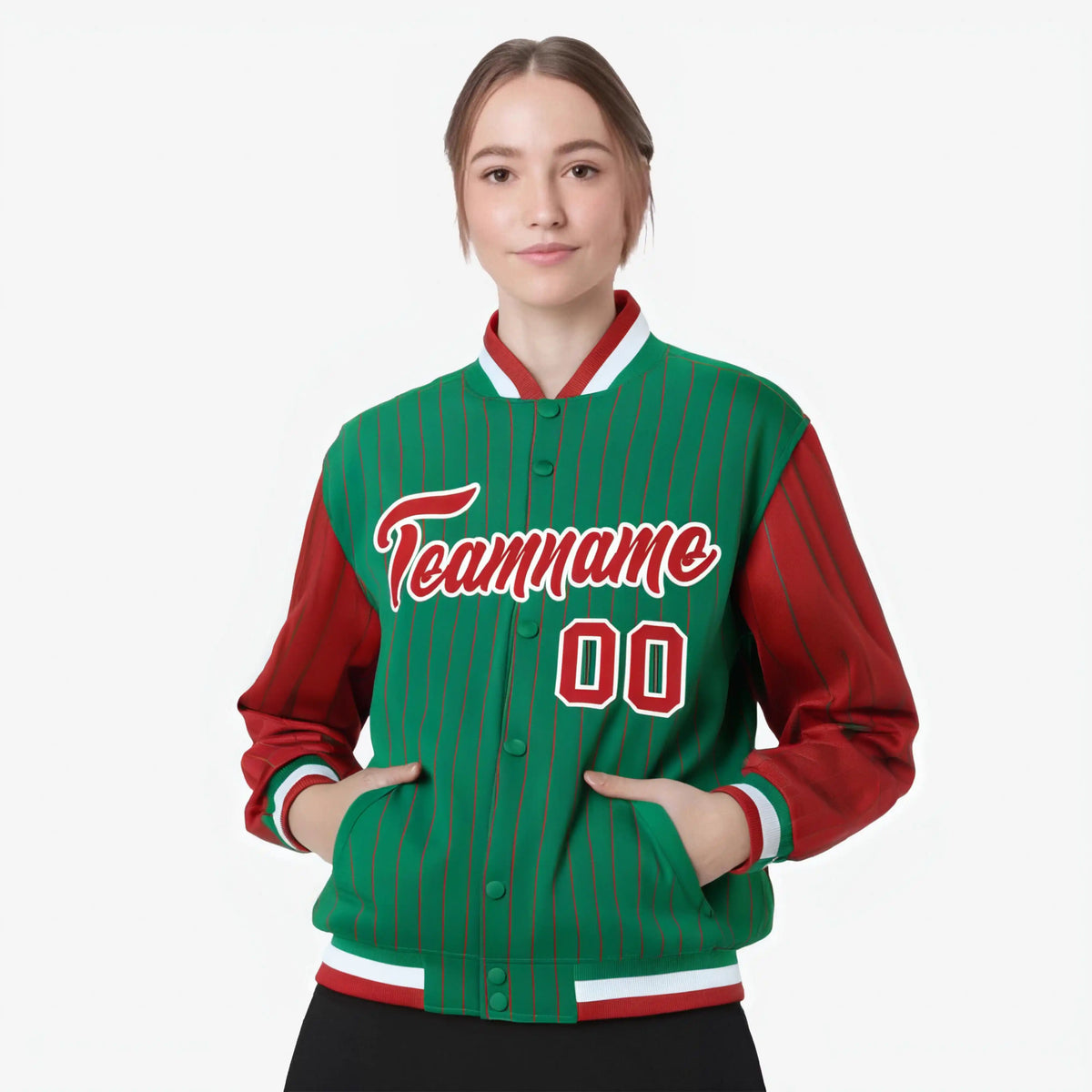 Custom Green Red-Green Personalized Stripe Fashion Letterman Bomber Varsity Jacket