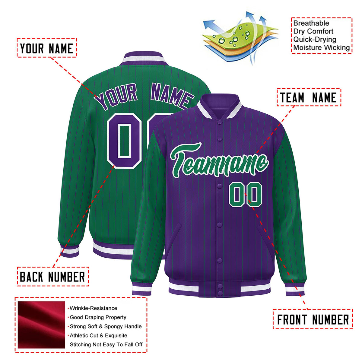 Custom Purple Green-Purple Personalized Stripe Fashion Letterman Bomber Varsity Jacket