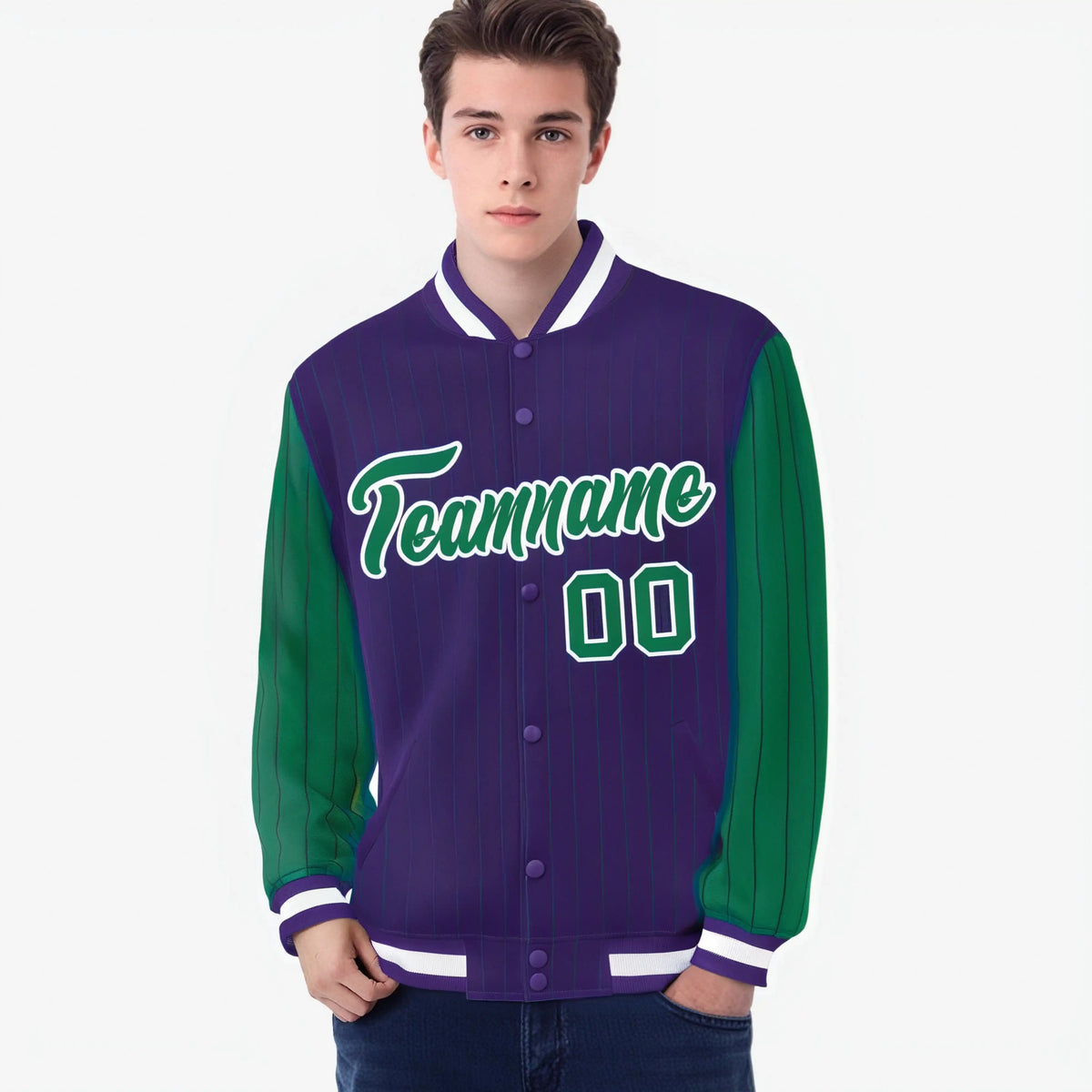 Custom Purple Green-Purple Personalized Stripe Fashion Letterman Bomber Varsity Jacket