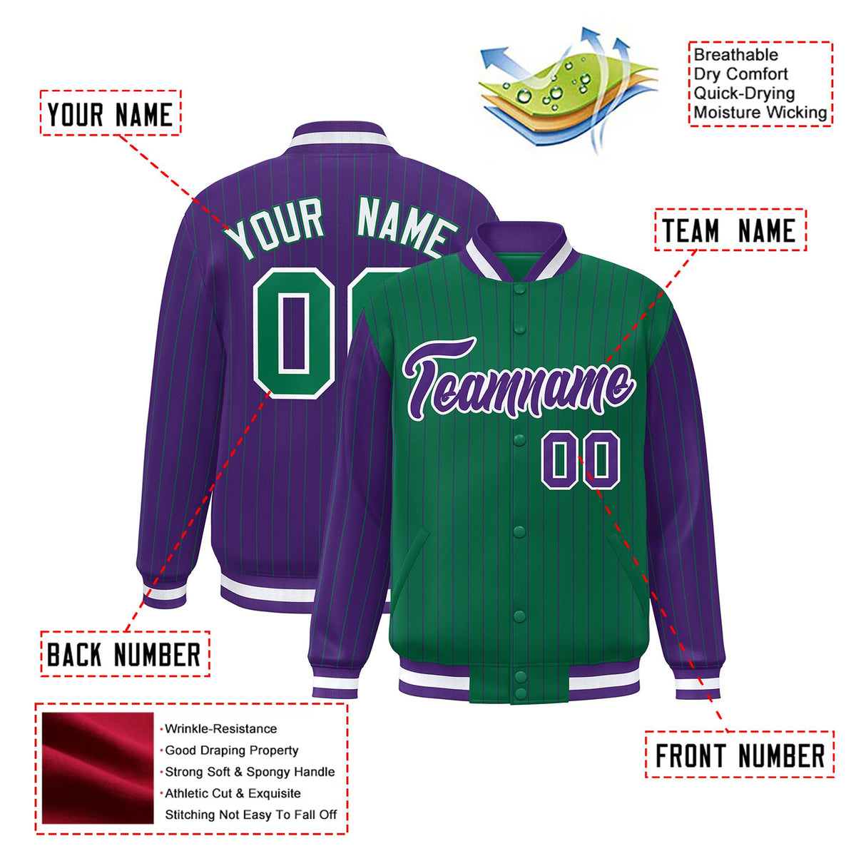 Custom Green Purple-Green Personalized Stripe Fashion Letterman Bomber Varsity Jacket