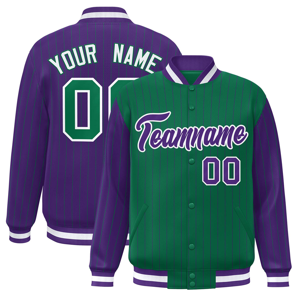 Custom Green Purple-Green Personalized Stripe Fashion Letterman Bomber Varsity Jacket