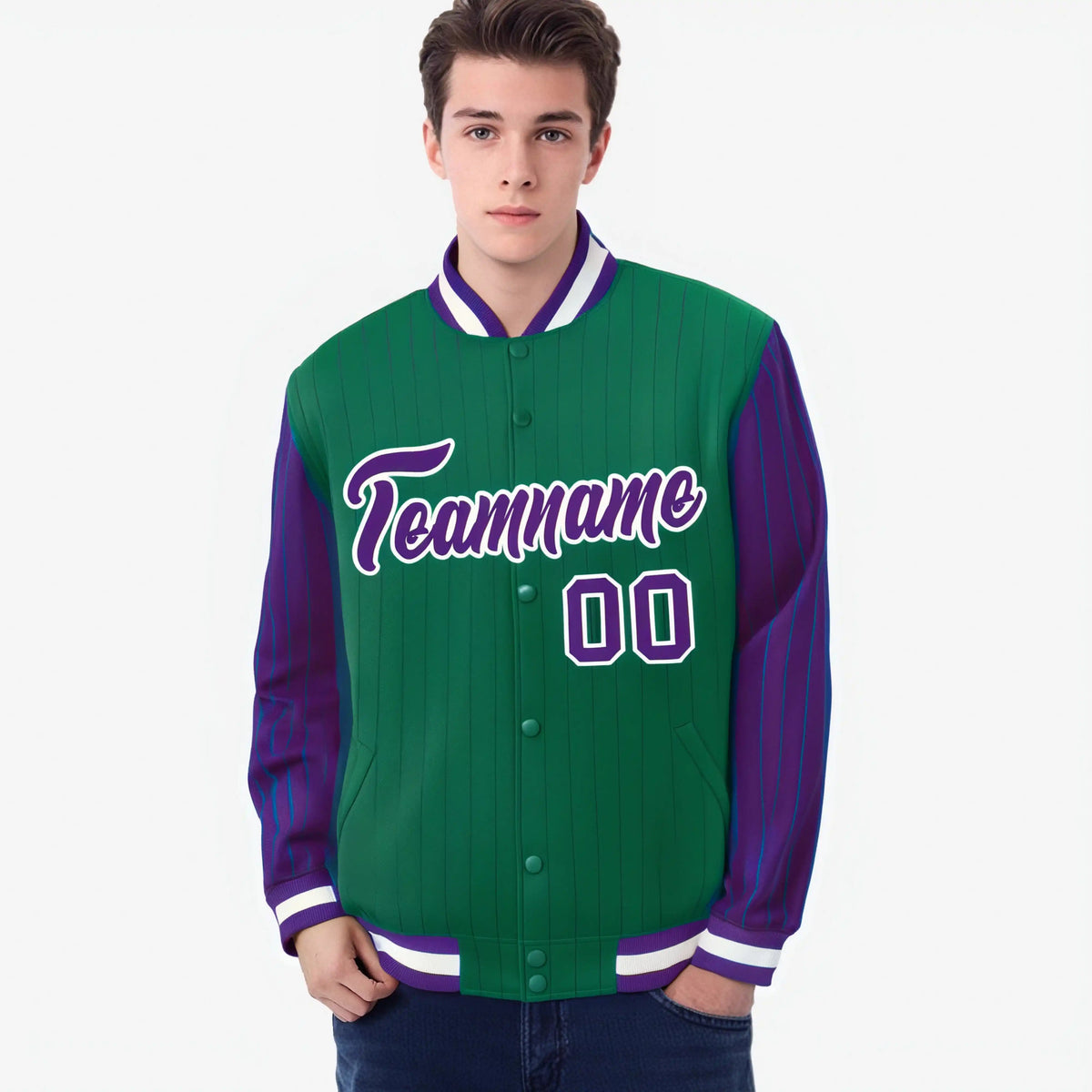 Custom Green Purple-Green Personalized Stripe Fashion Letterman Bomber Varsity Jacket