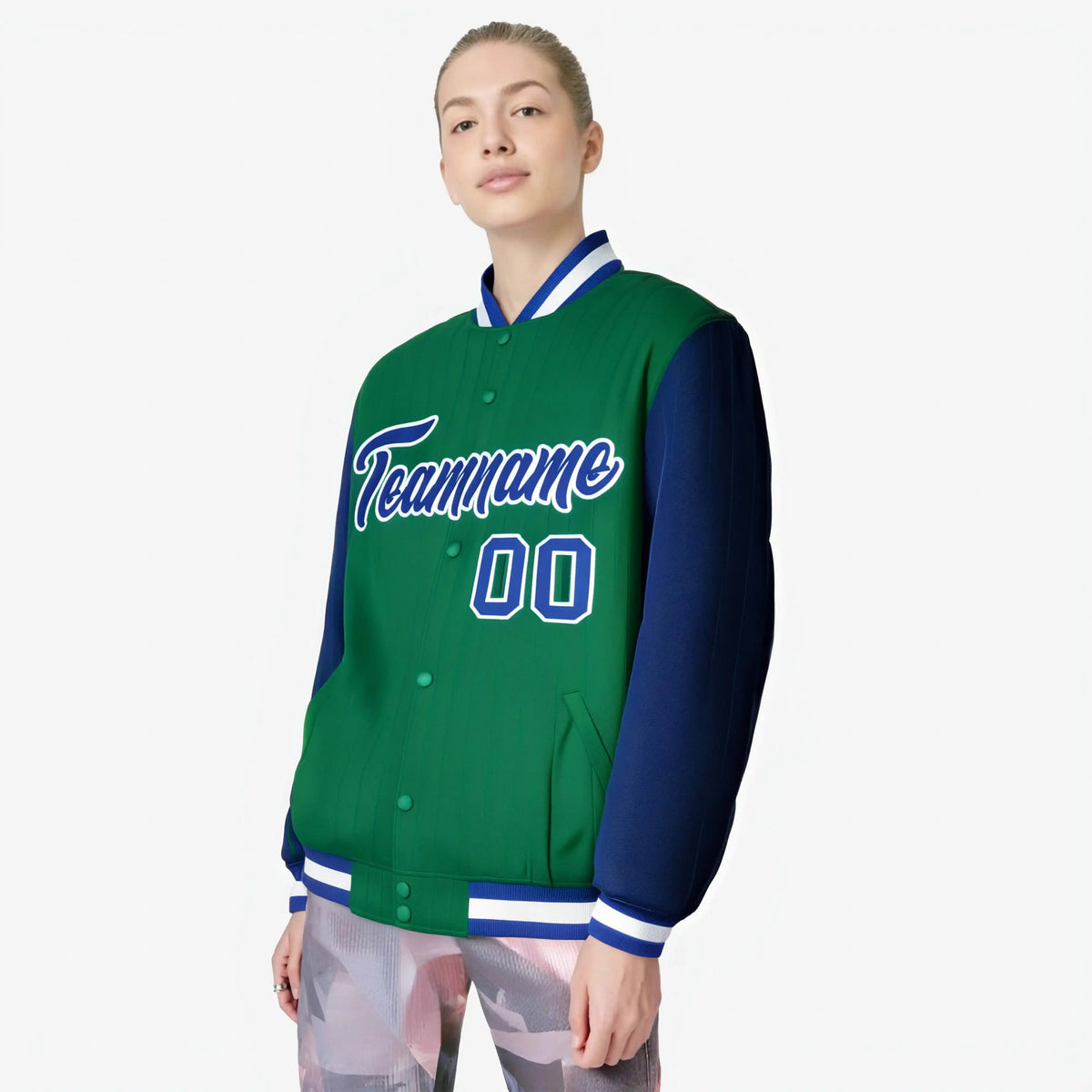Custom Green Royal Blue-Green Personalized Stripe Fashion Letterman Bomber Varsity Jacket