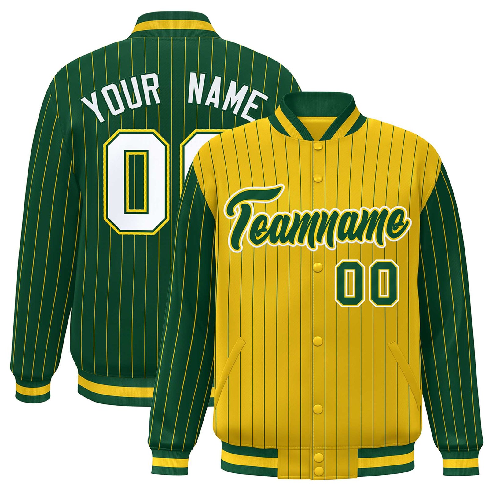 Custom Gold Green-Gold Personalized Stripe Fashion Letterman Bomber Varsity Jacket