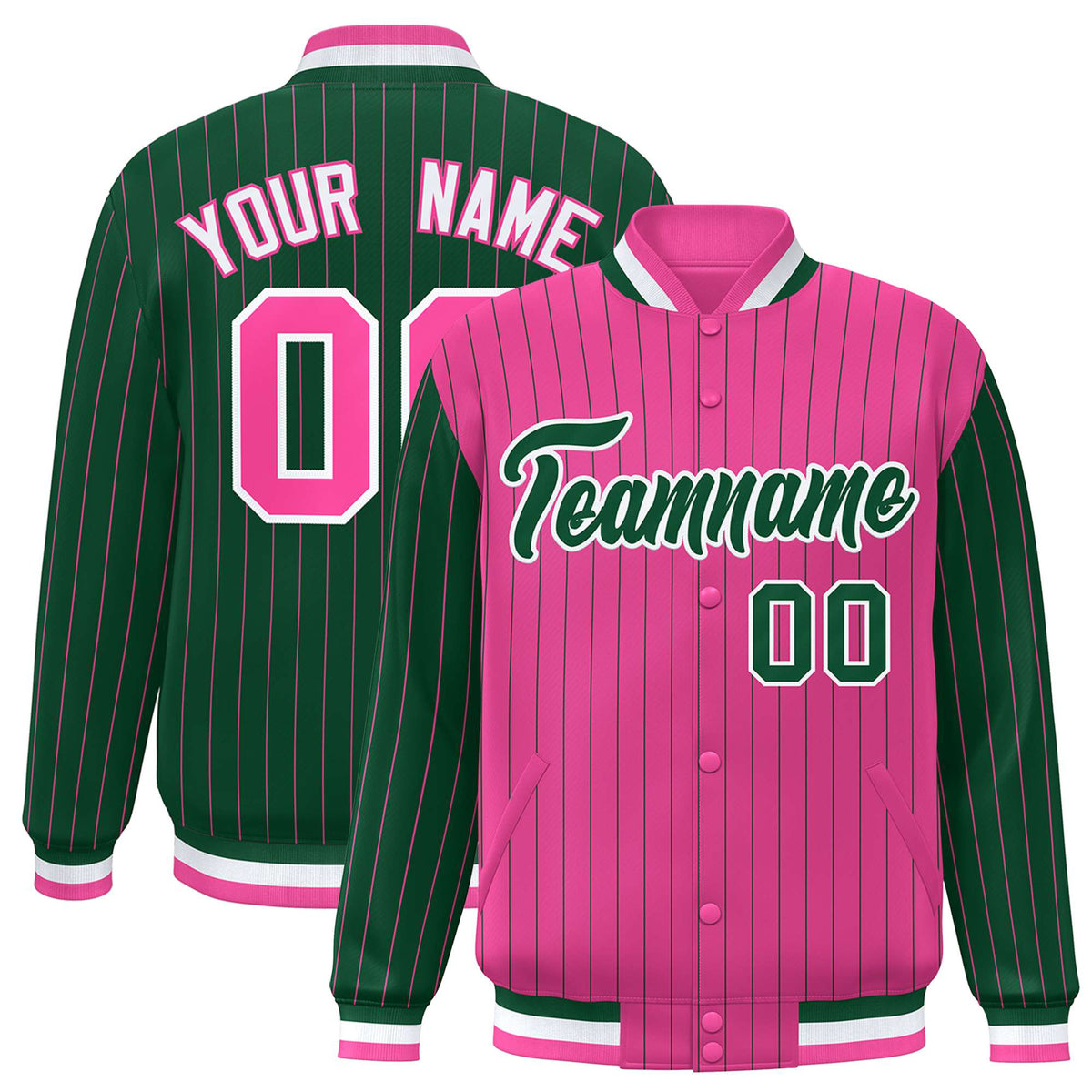 Custom Pink Green-Pink Personalized Stripe Fashion Letterman Bomber Varsity Jacket