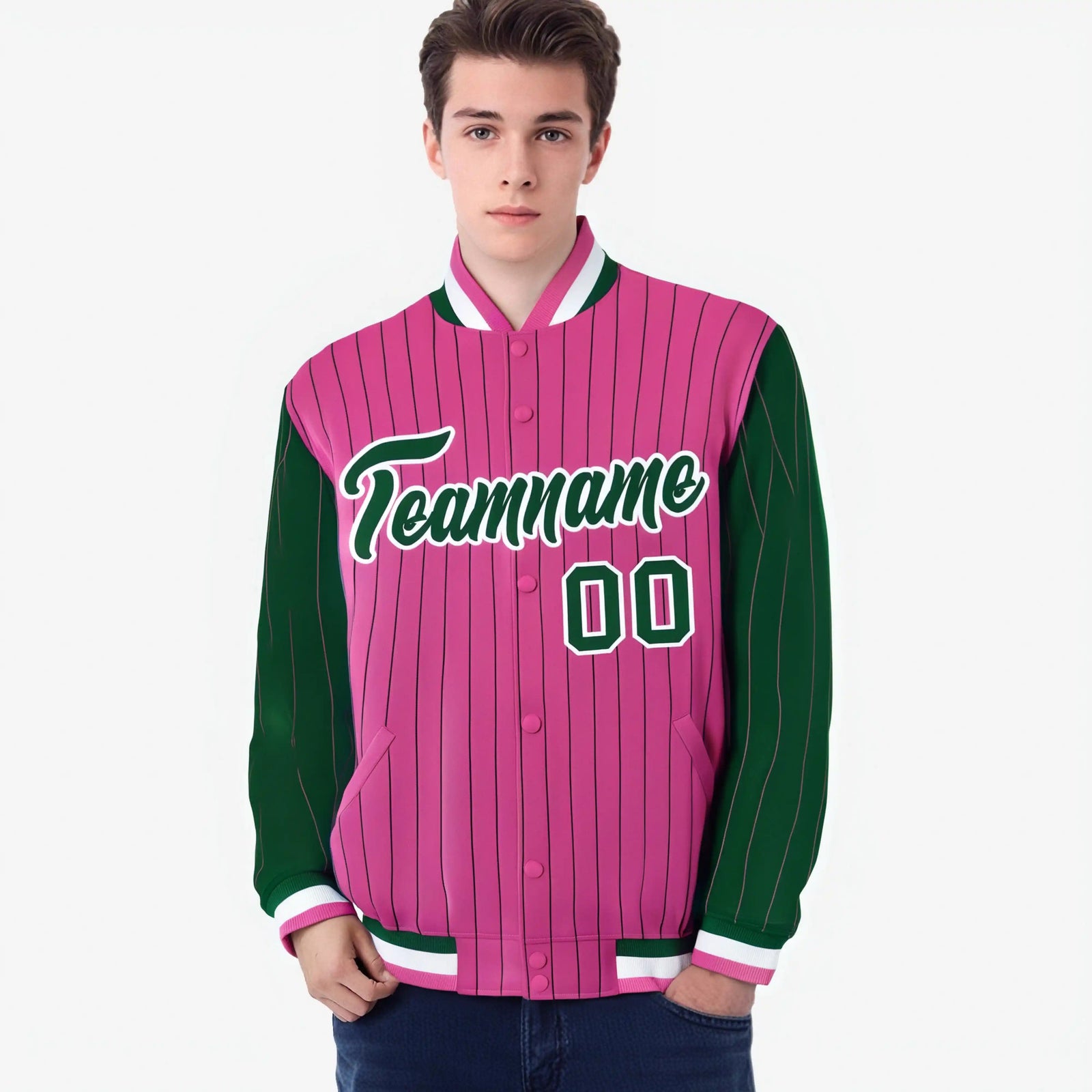 Custom Pink Green-Pink Personalized Stripe Fashion Letterman Bomber Varsity Jacket