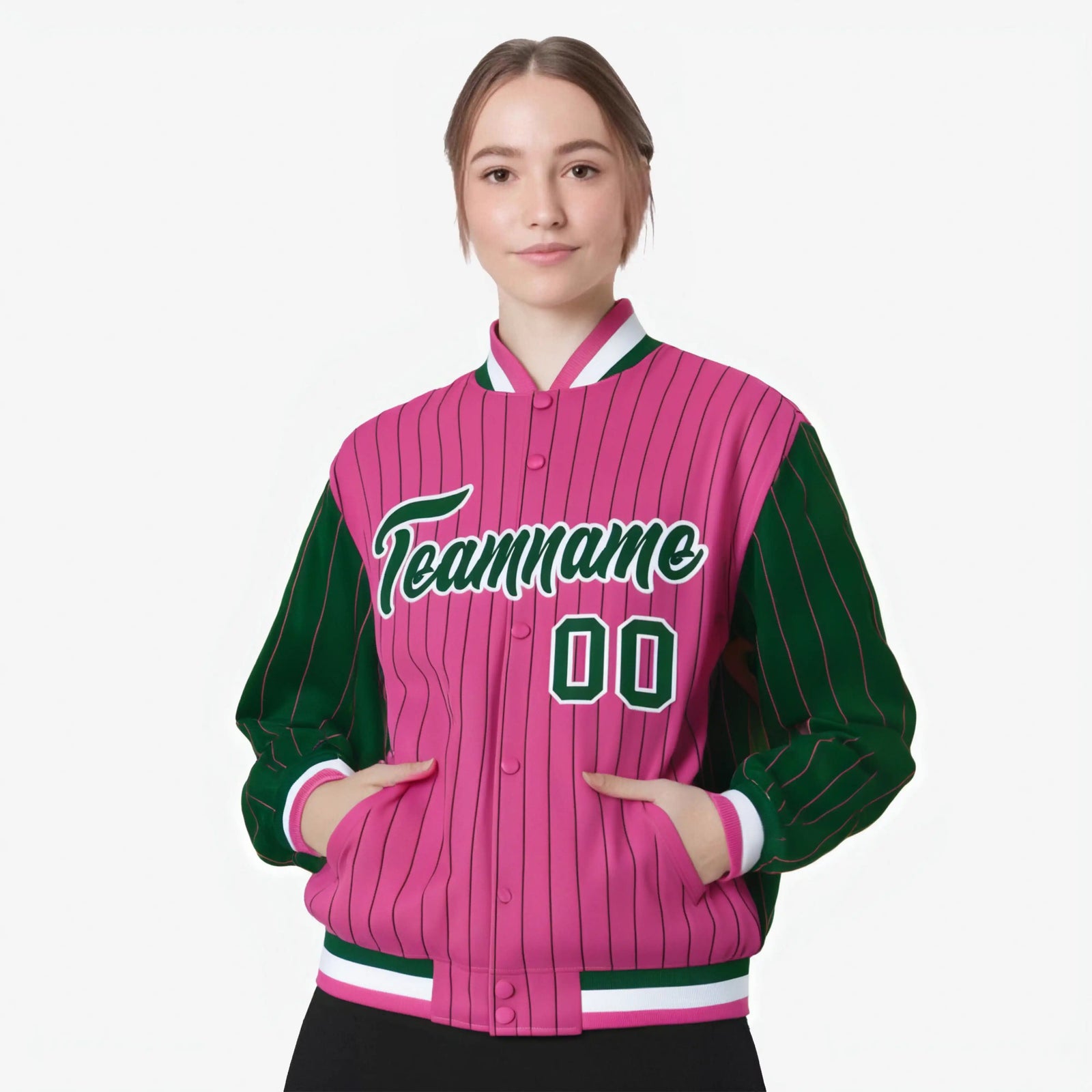 Custom Pink Green-Pink Personalized Stripe Fashion Letterman Bomber Varsity Jacket