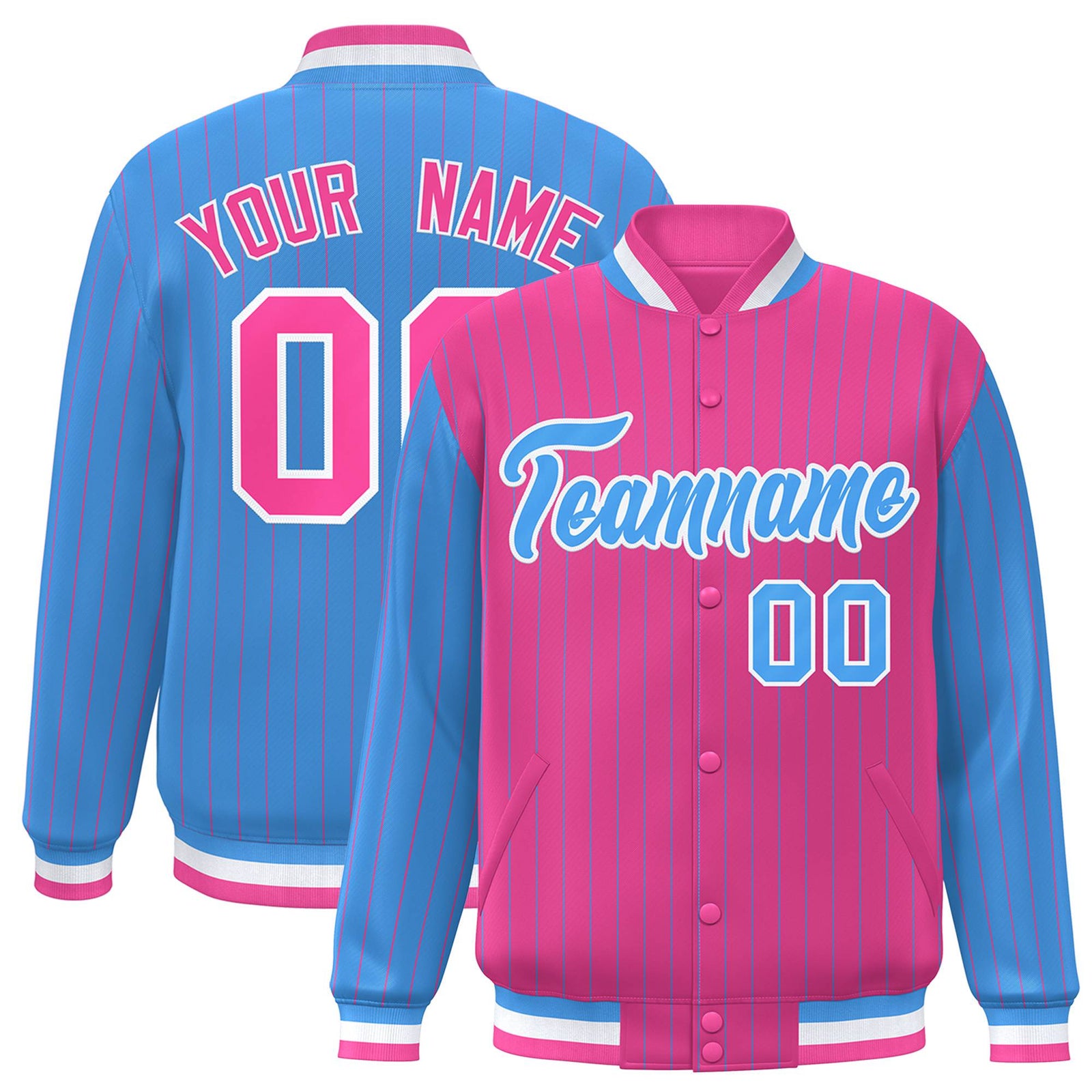 Custom Pink Powder Blue-Pink Personalized Stripe Fashion Letterman Bomber Varsity Jacket