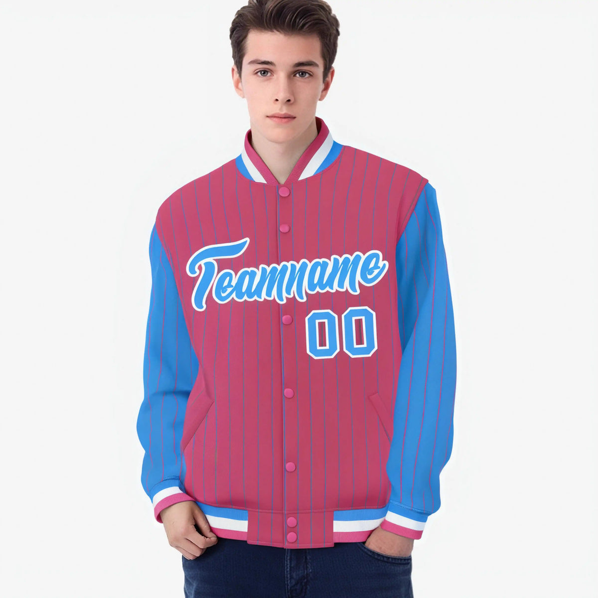 Custom Pink Powder Blue-Pink Personalized Stripe Fashion Letterman Bomber Varsity Jacket