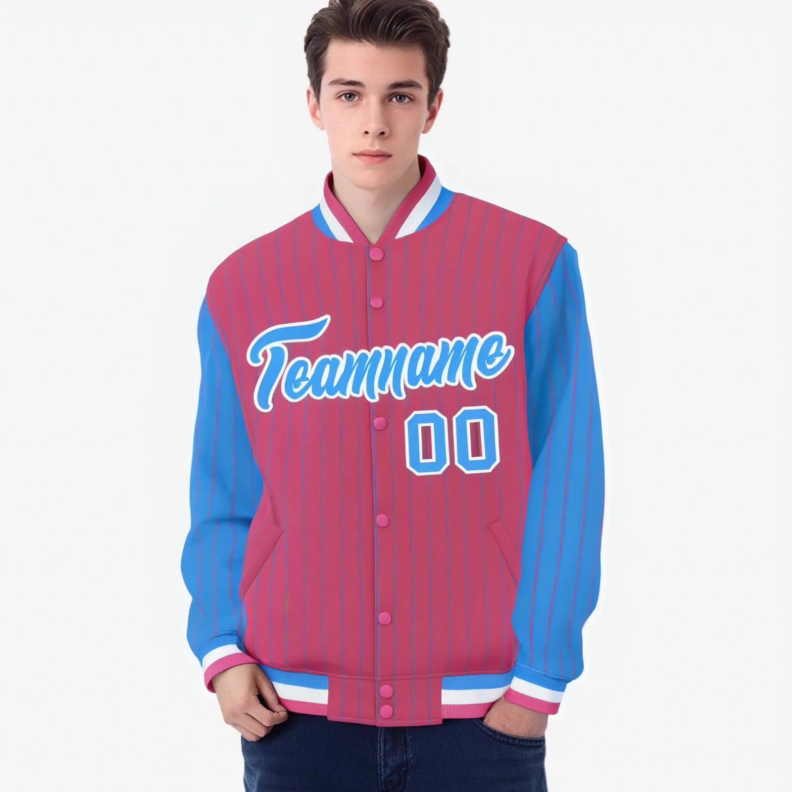 Custom Pink Powder Blue-Pink Personalized Stripe Fashion Letterman Bomber Varsity Jacket