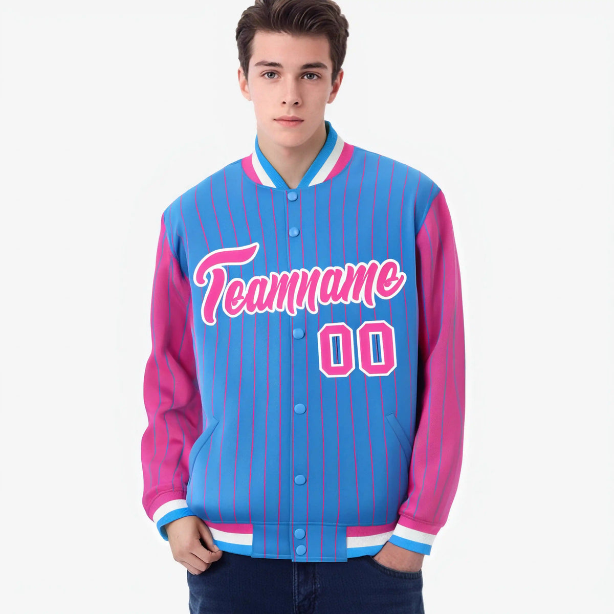 Custom Powder Blue Pink-Powder Blue Personalized Stripe Fashion Letterman Bomber Varsity Jacket