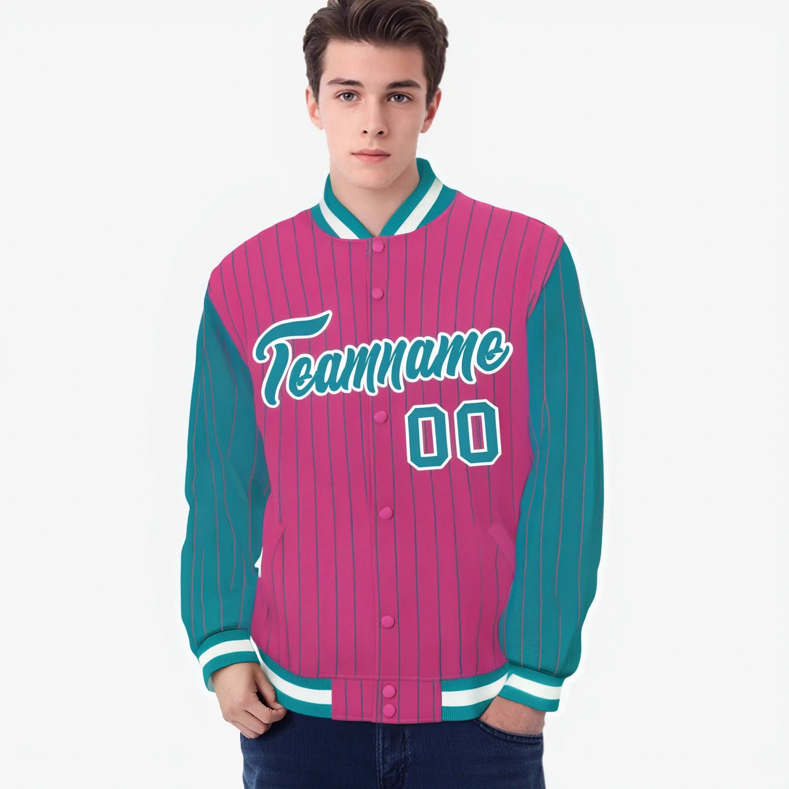 Custom Pink Aqua-Pink Personalized Stripe Fashion Letterman Bomber Varsity Jacket