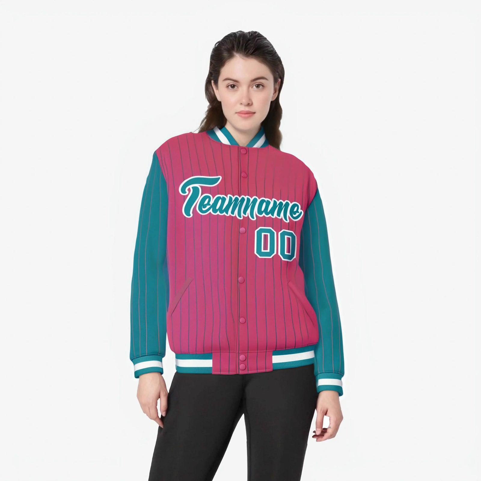 Custom Pink Aqua-Pink Personalized Stripe Fashion Letterman Bomber Varsity Jacket