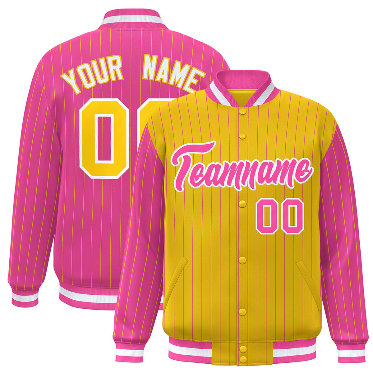 Custom Gold Pink-Gold Personalized Stripe Fashion Letterman Bomber Varsity Jacket