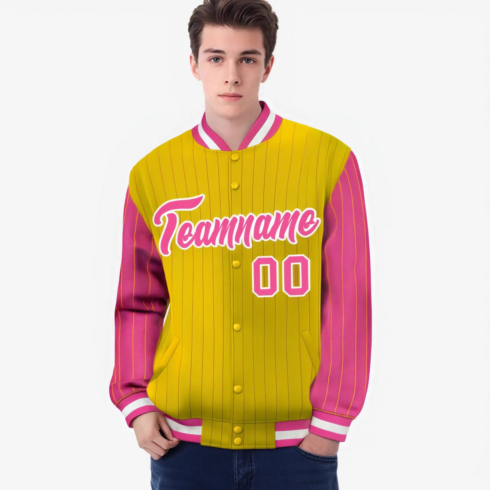 Custom Gold Pink-Gold Personalized Stripe Fashion Letterman Bomber Varsity Jacket
