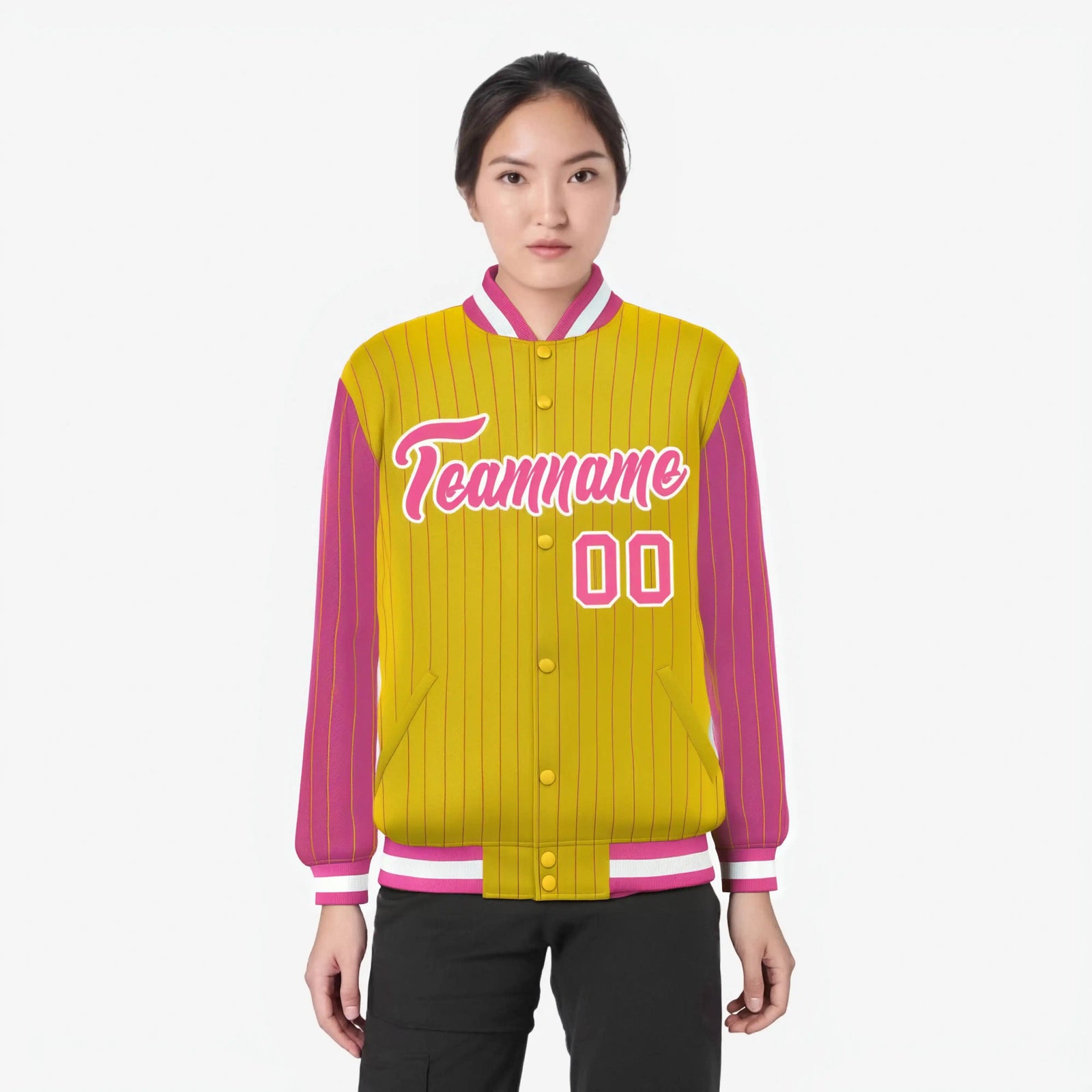 Custom Gold Pink-Gold Personalized Stripe Fashion Letterman Bomber Varsity Jacket