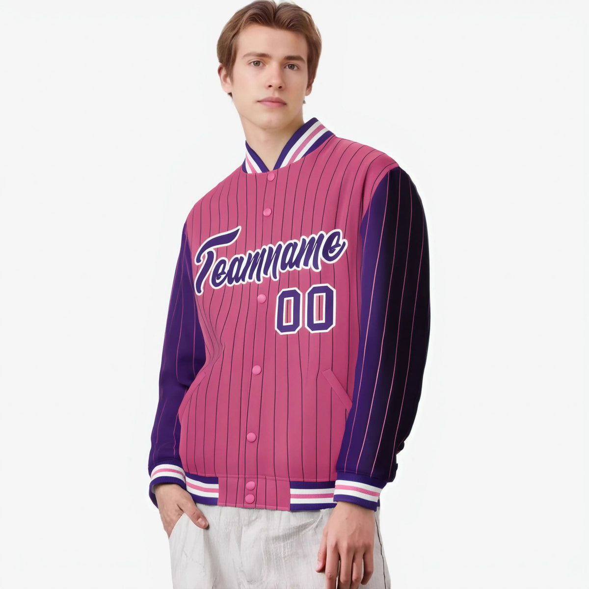 Custom Pink Purple-Pink Personalized Stripe Fashion Letterman Bomber Varsity Jacket