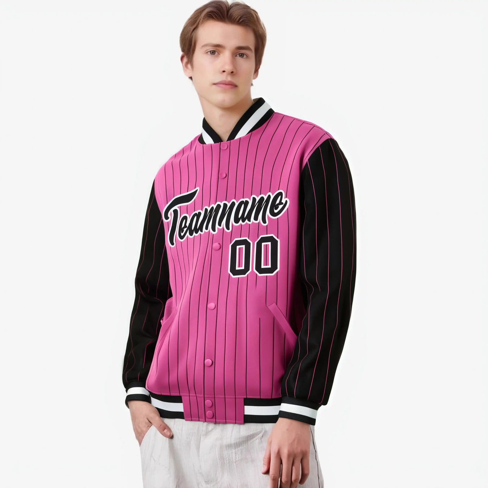 Custom Pink Black-Pink Personalized Stripe Fashion Letterman Bomber Varsity Jacket