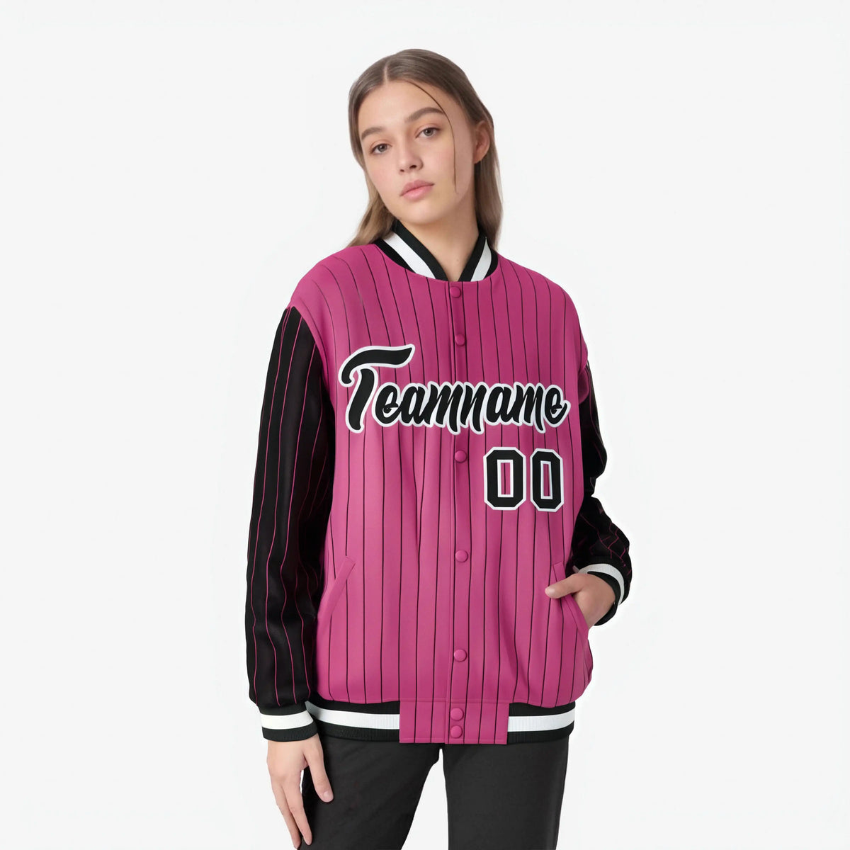 Custom Pink Black-Pink Personalized Stripe Fashion Letterman Bomber Varsity Jacket