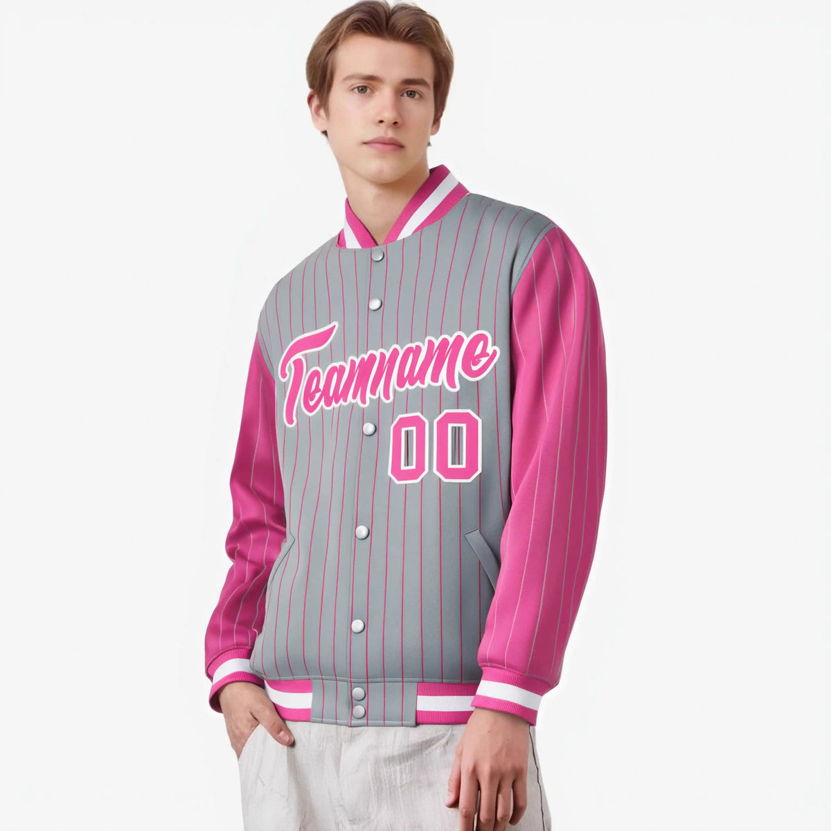Custom Gray Pink-Gray Personalized Stripe Fashion Letterman Bomber Varsity Jacket