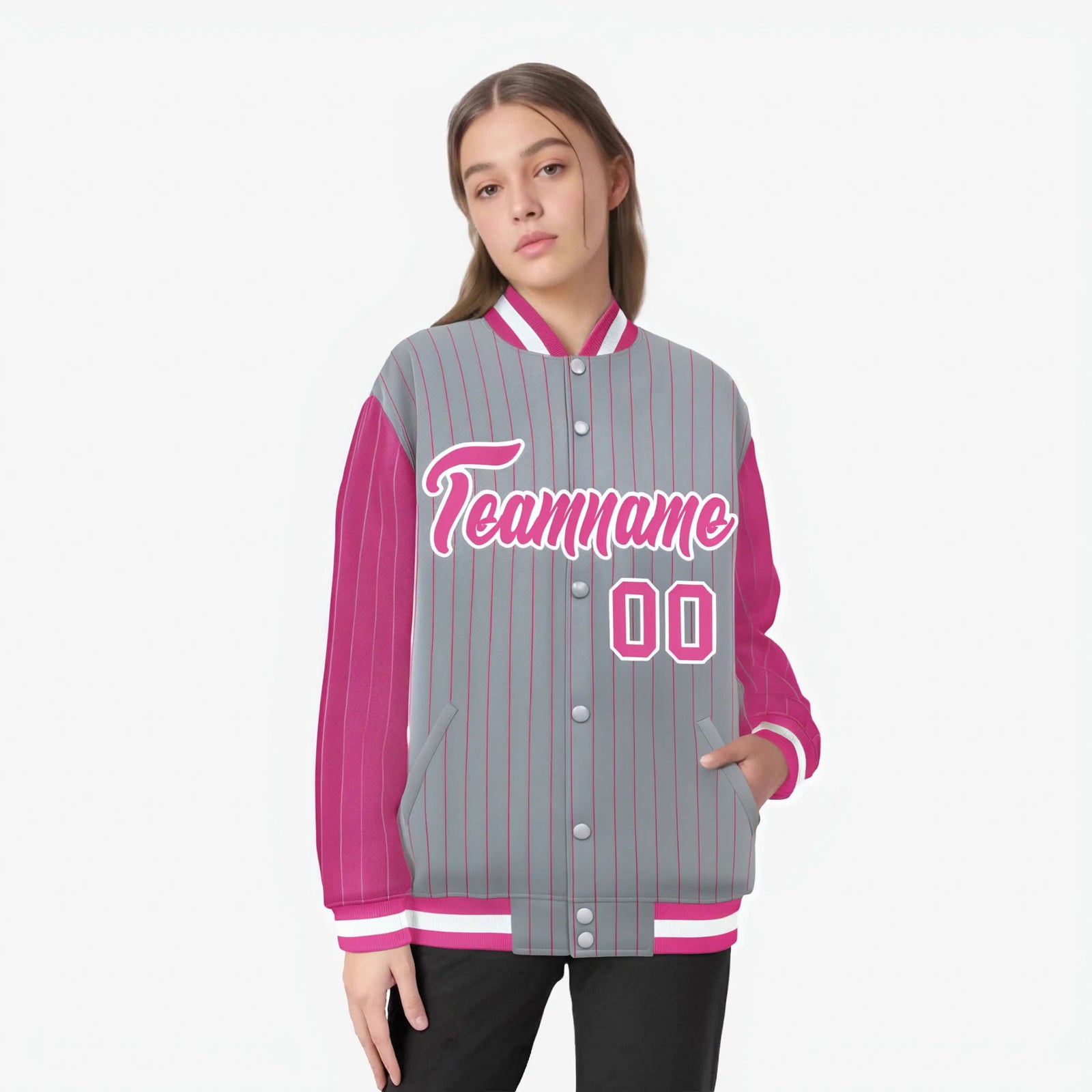 Custom Gray Pink-Gray Personalized Stripe Fashion Letterman Bomber Varsity Jacket