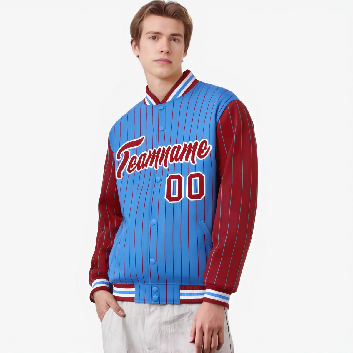 Custom Powder Blue Red-Powder Blue Personalized Stripe Fashion Letterman Bomber Varsity Jacket