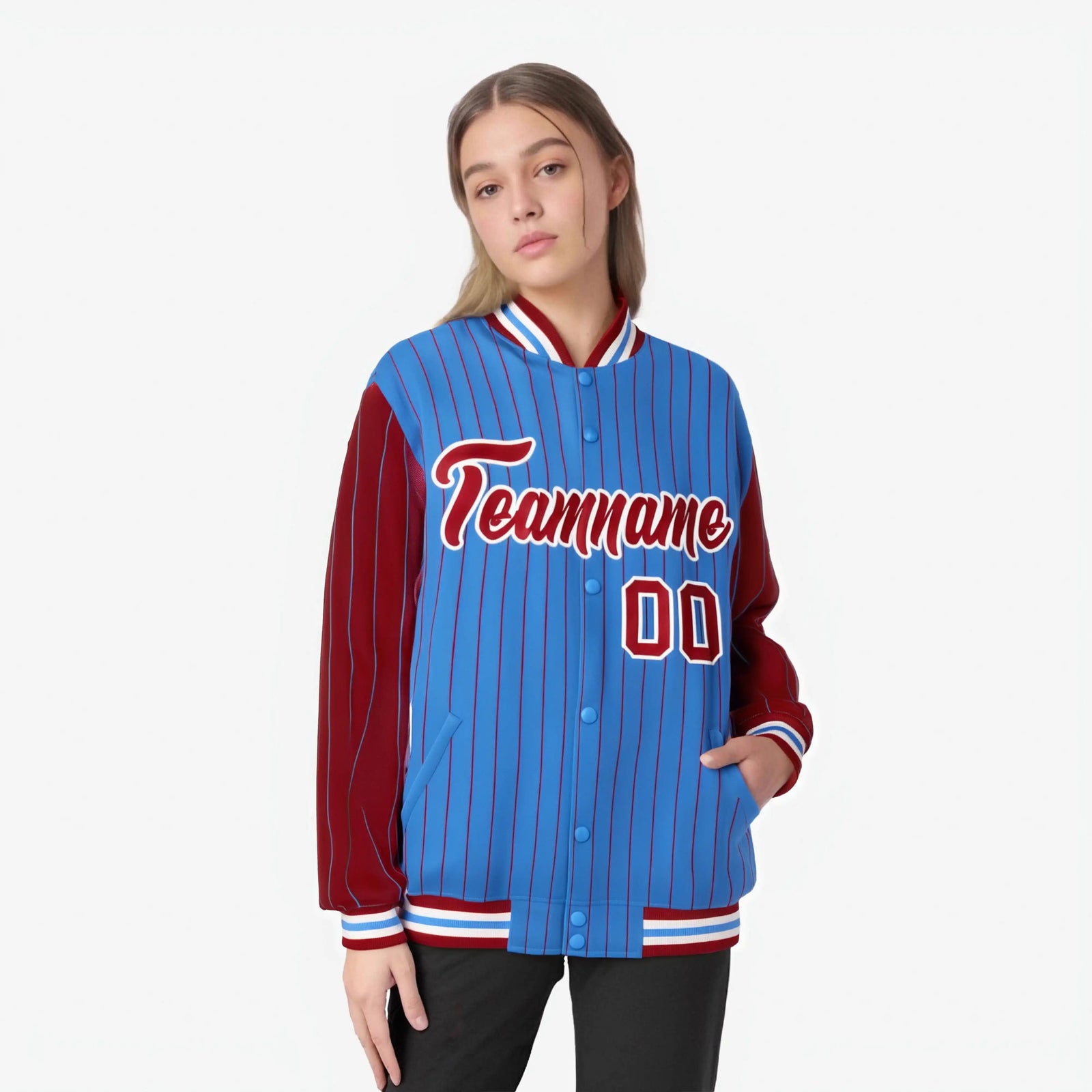 Custom Powder Blue Red-Powder Blue Personalized Stripe Fashion Letterman Bomber Varsity Jacket