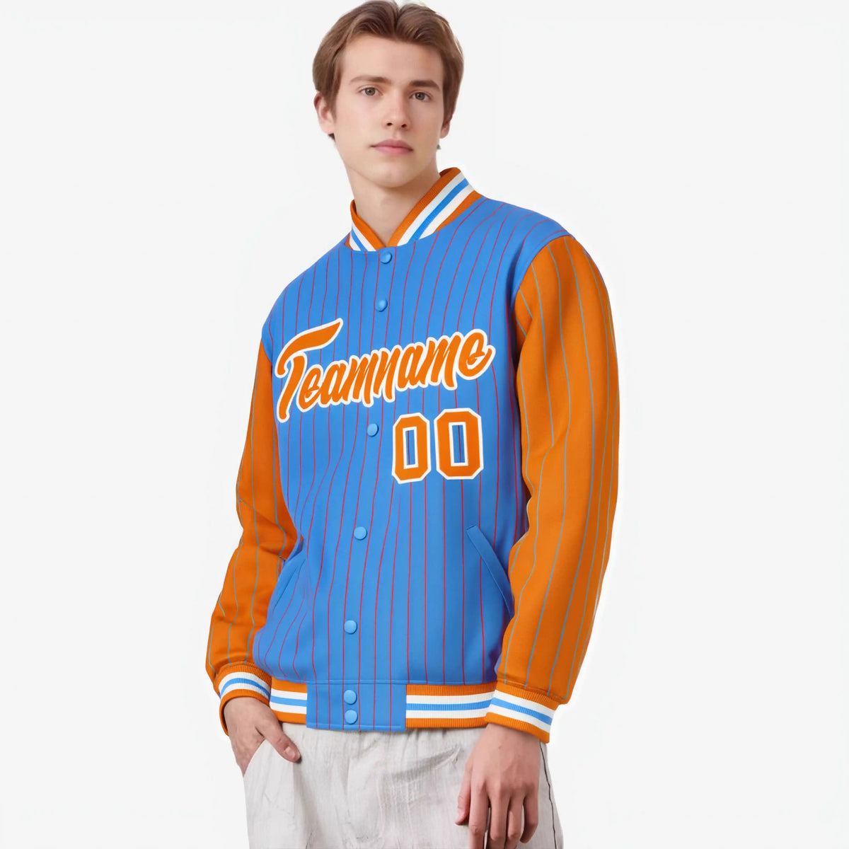 Custom Powder Blue Orange-Powder Blue Personalized Stripe Fashion Letterman Bomber Varsity Jacket