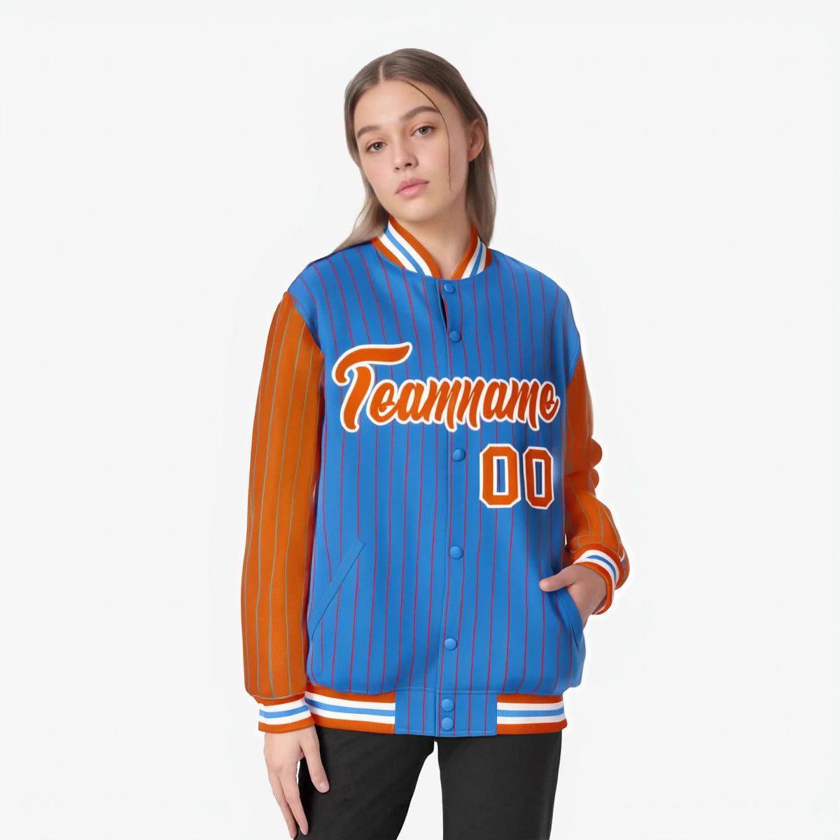 Custom Powder Blue Orange-Powder Blue Personalized Stripe Fashion Letterman Bomber Varsity Jacket