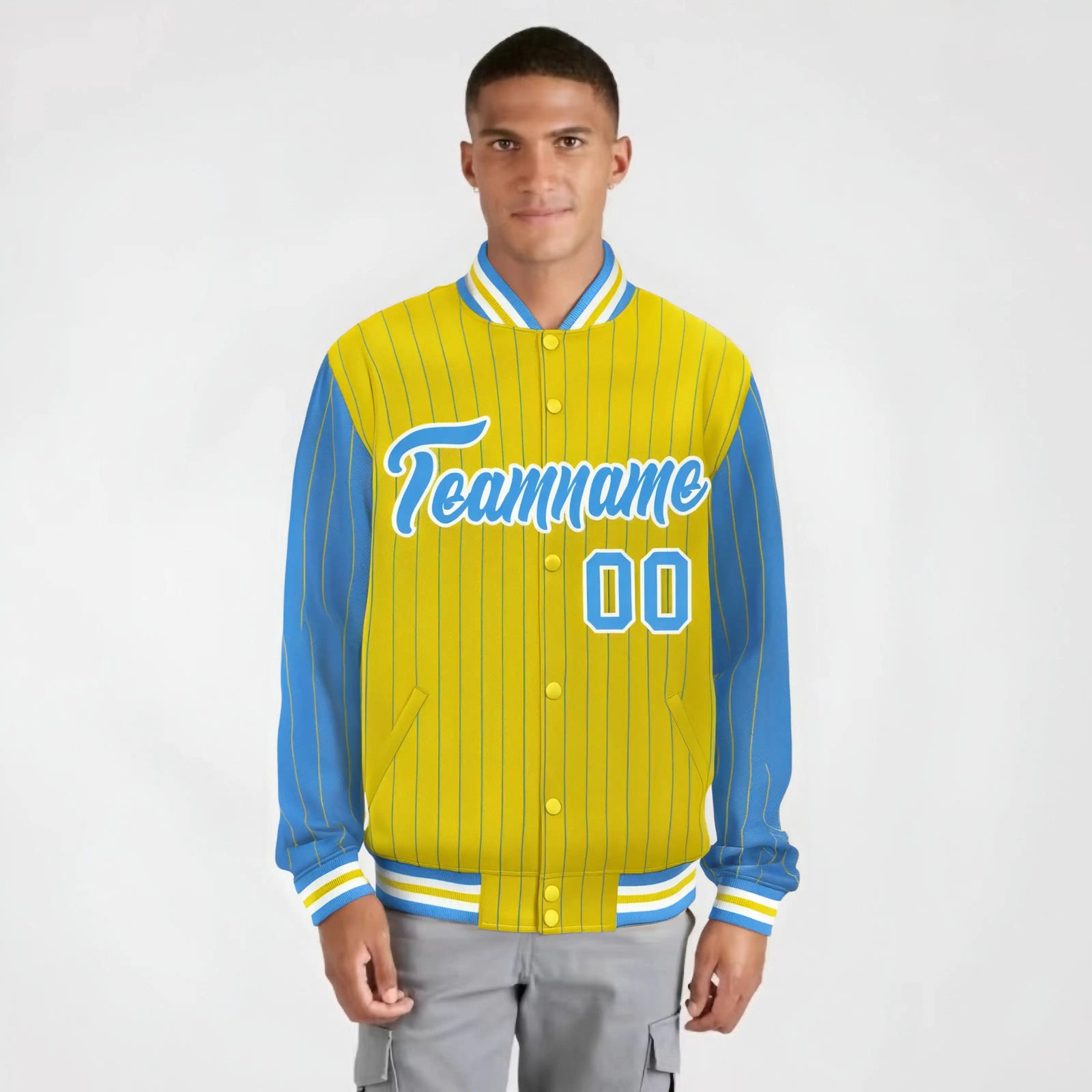 Custom Powder Blue Gold-Powder Blue Personalized Stripe Fashion Letterman Bomber Varsity Jacket
