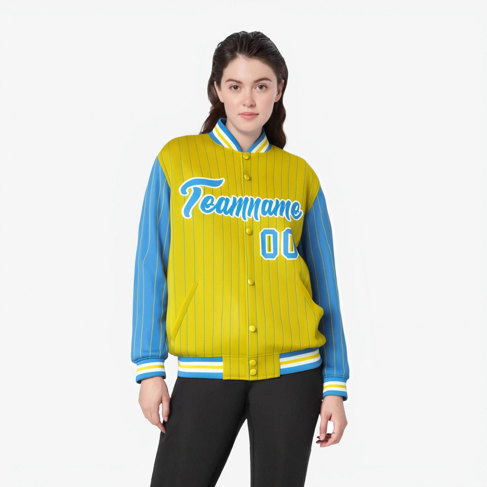 Custom Powder Blue Gold-Powder Blue Personalized Stripe Fashion Letterman Bomber Varsity Jacket