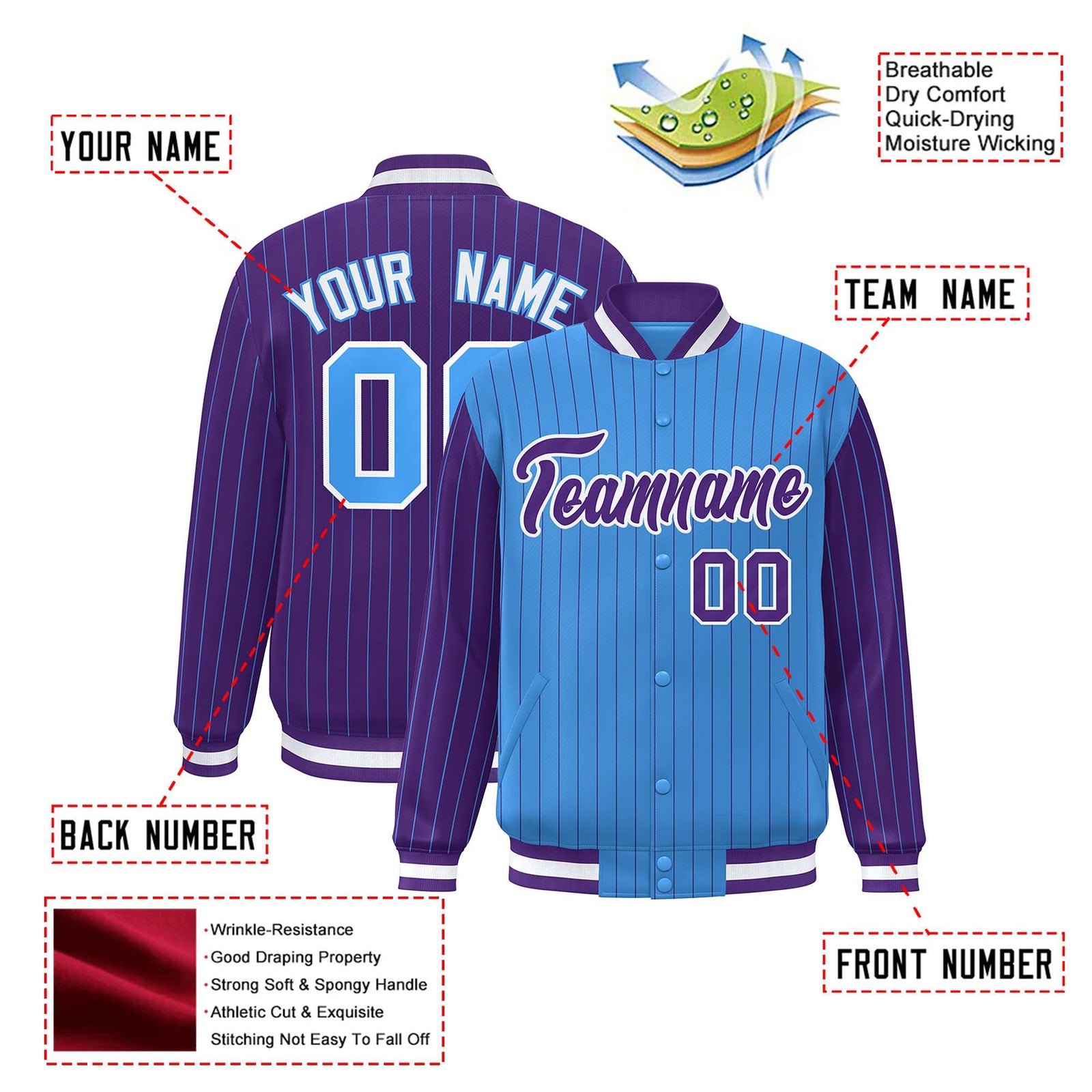 Custom Powder Blue Purple-Powder Blue Personalized Stripe Fashion Letterman Bomber Varsity Jacket