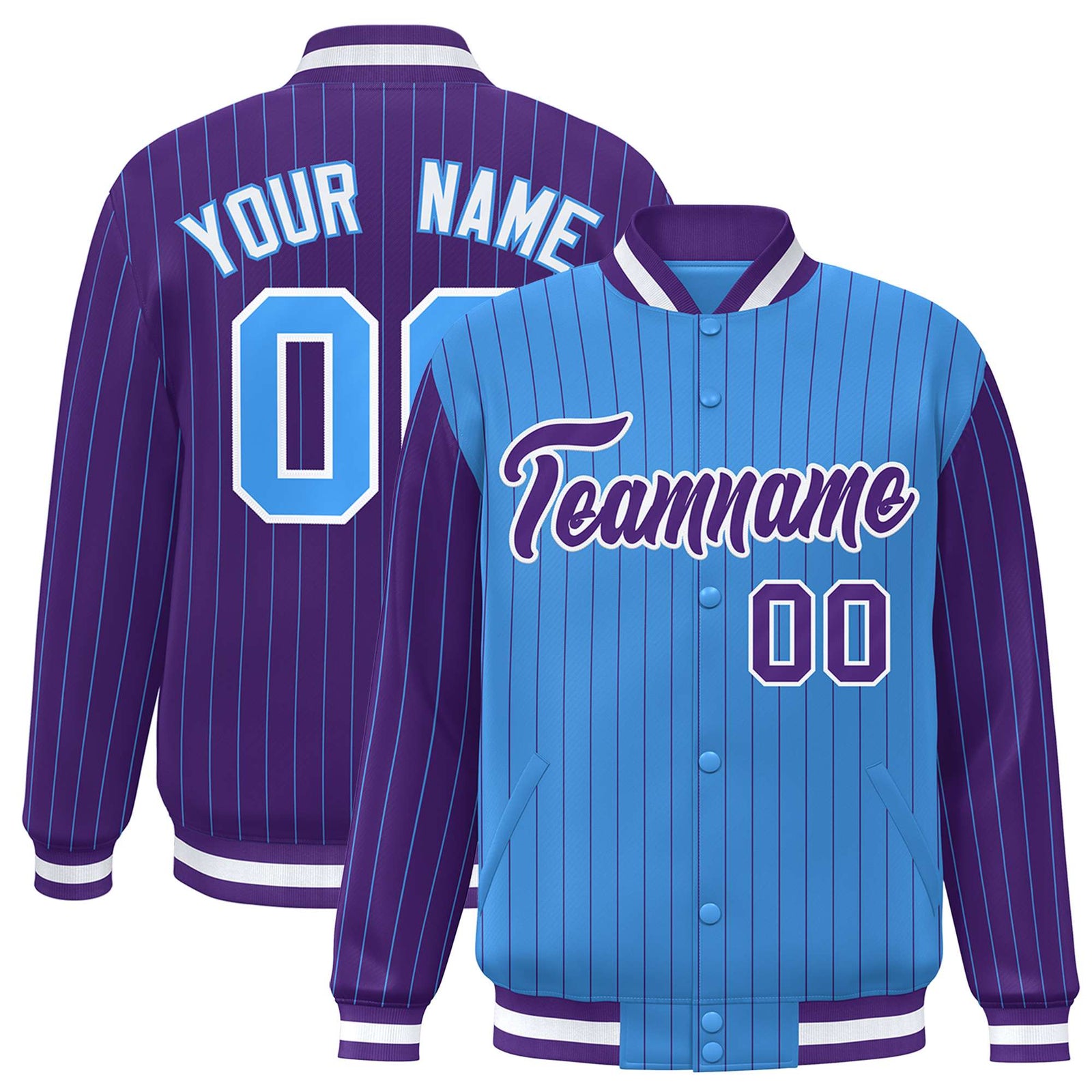 Custom Powder Blue Purple-Powder Blue Personalized Stripe Fashion Letterman Bomber Varsity Jacket