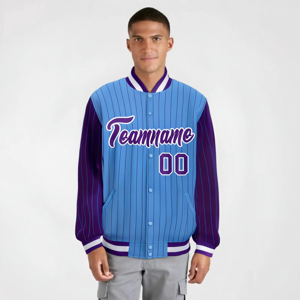 Custom Powder Blue Purple-Powder Blue Personalized Stripe Fashion Letterman Bomber Varsity Jacket