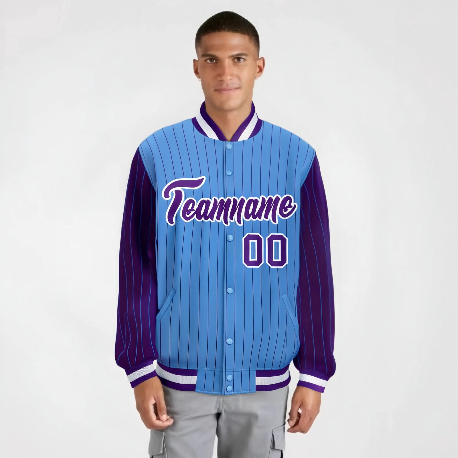 Custom Powder Blue Purple-Powder Blue Personalized Stripe Fashion Letterman Bomber Varsity Jacket
