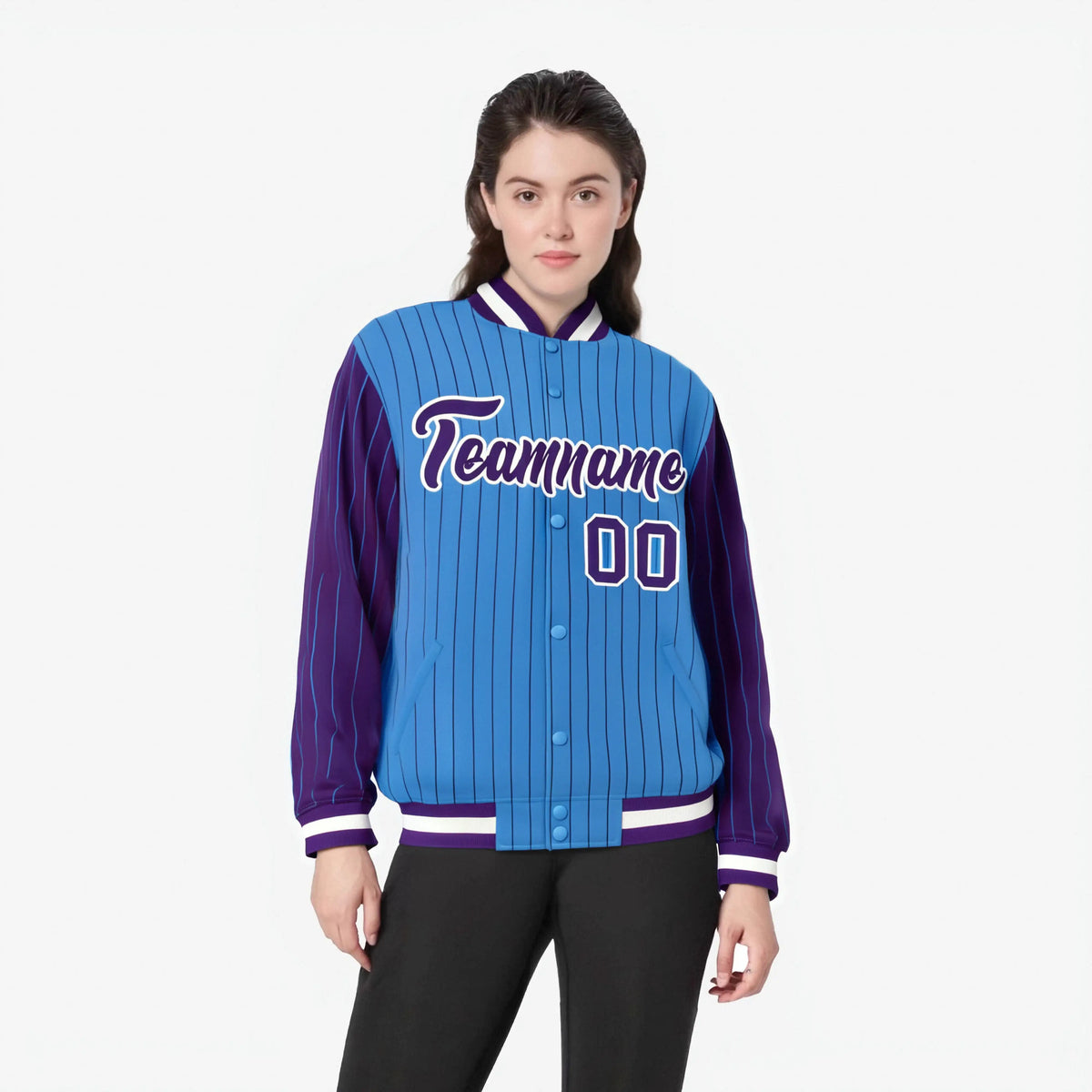 Custom Powder Blue Purple-Powder Blue Personalized Stripe Fashion Letterman Bomber Varsity Jacket