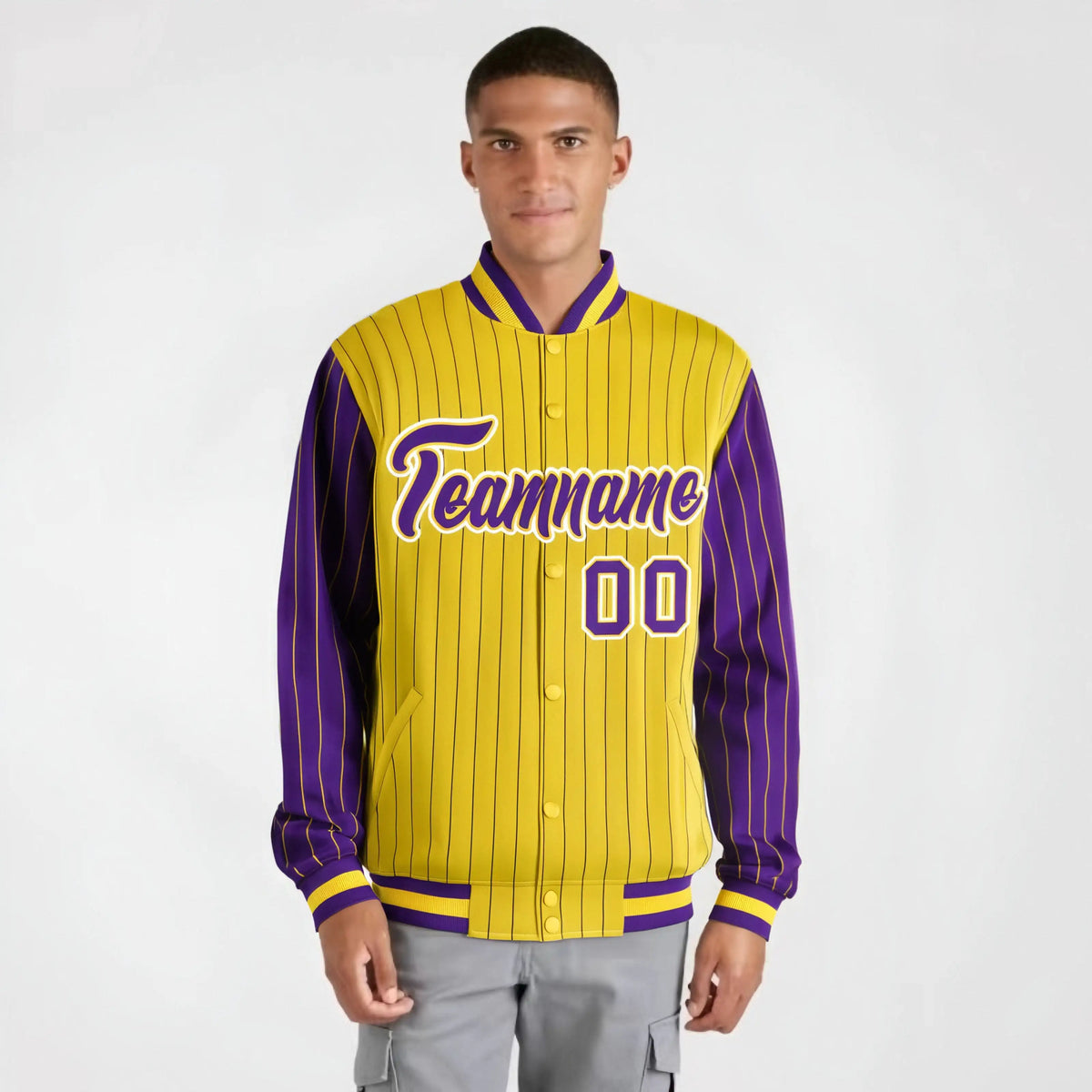 Custom Gold Purple-Gold Personalized Stripe Fashion Letterman Bomber Varsity Jacket