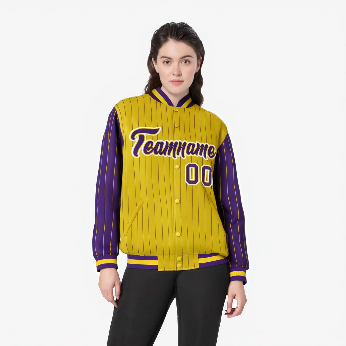 Custom Gold Purple-Gold Personalized Stripe Fashion Letterman Bomber Varsity Jacket