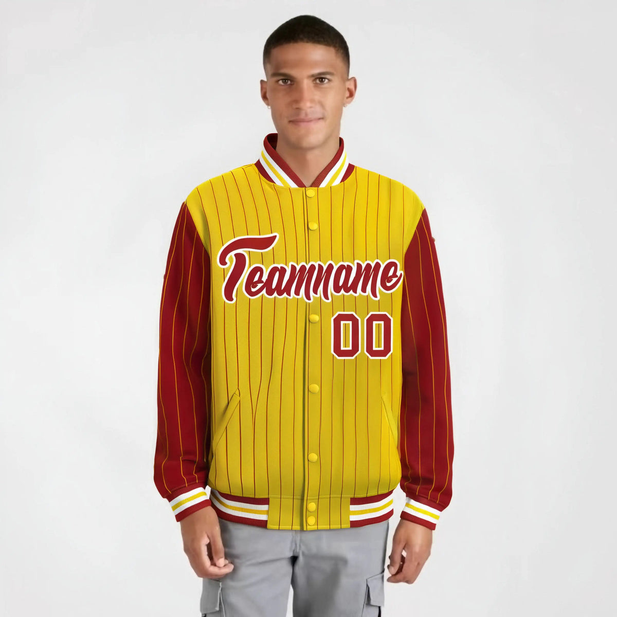 Custom Gold Red-Gold Personalized Stripe Fashion Letterman Bomber Varsity Jacket