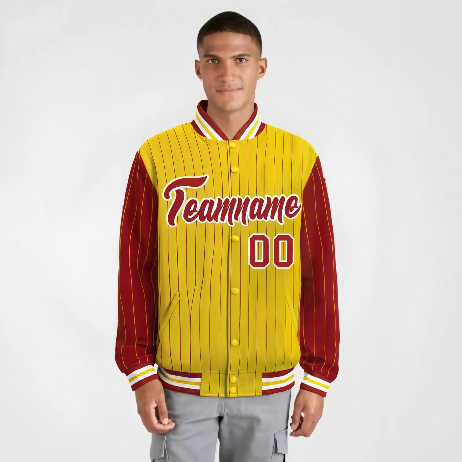 Custom Gold Red-Gold Personalized Stripe Fashion Letterman Bomber Varsity Jacket