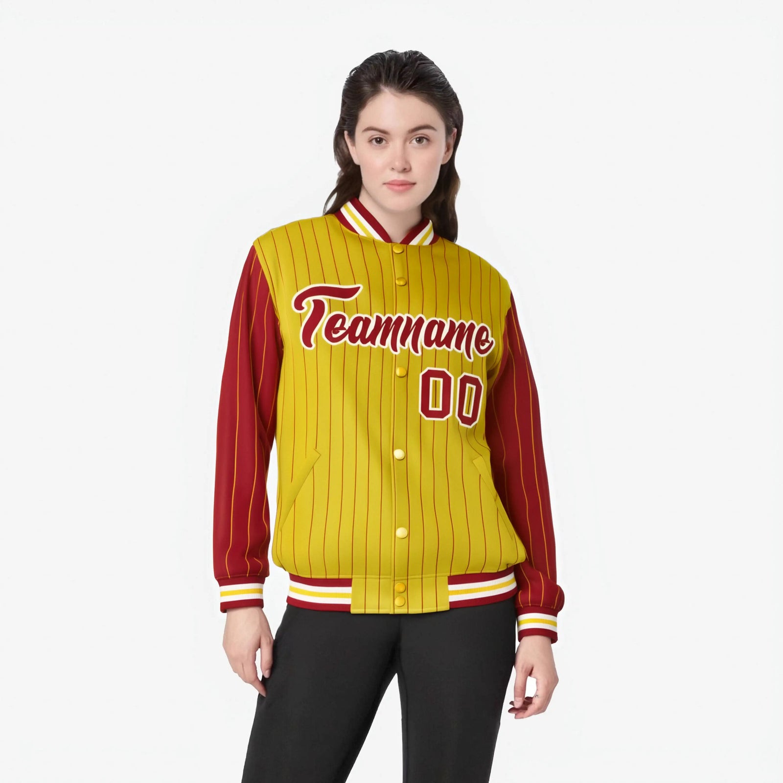 Custom Gold Red-Gold Personalized Stripe Fashion Letterman Bomber Varsity Jacket