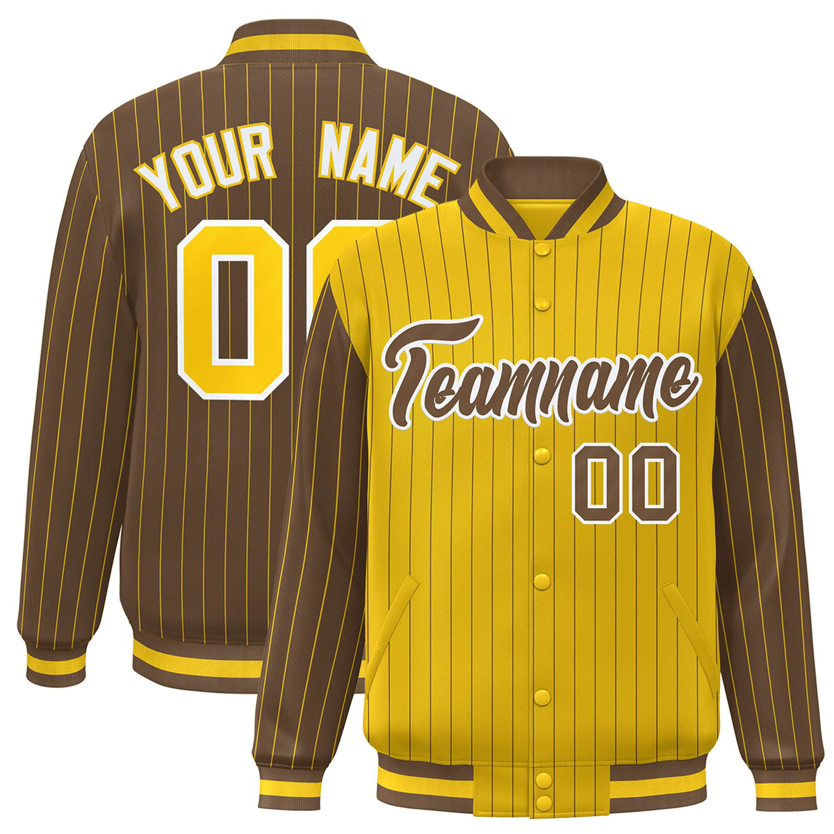 Custom Gold Brown-Gold Personalized Stripe Fashion Letterman Bomber Varsity Jacket