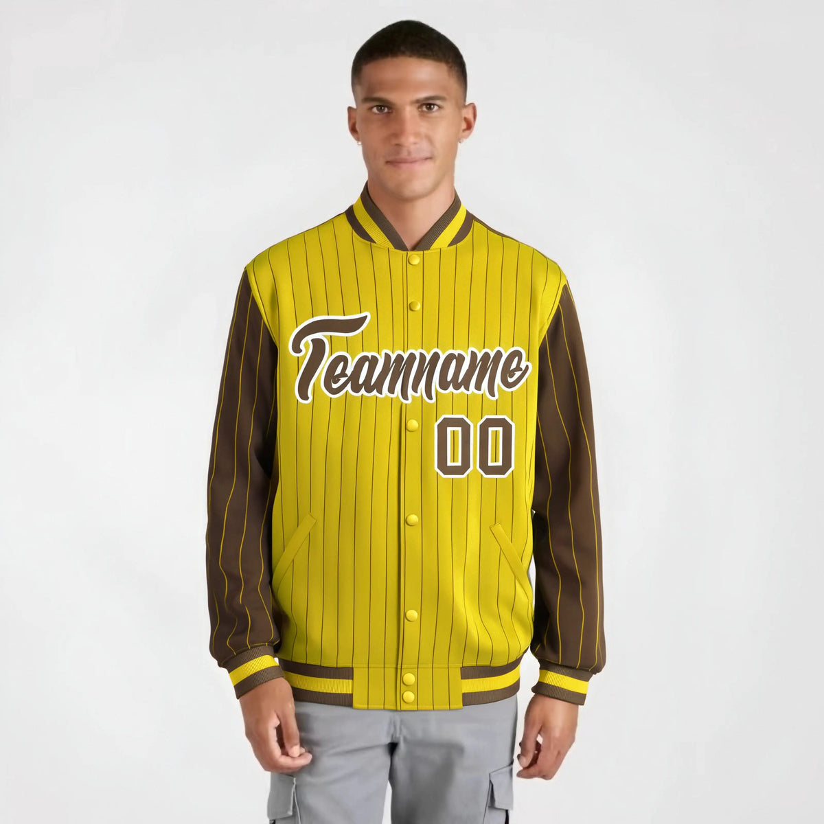 Custom Gold Brown-Gold Personalized Stripe Fashion Letterman Bomber Varsity Jacket