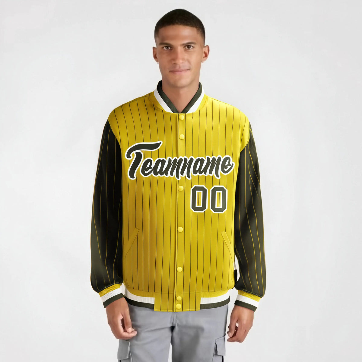 Custom Gold Olive-Gold Personalized Stripe Fashion Letterman Bomber Varsity Jacket