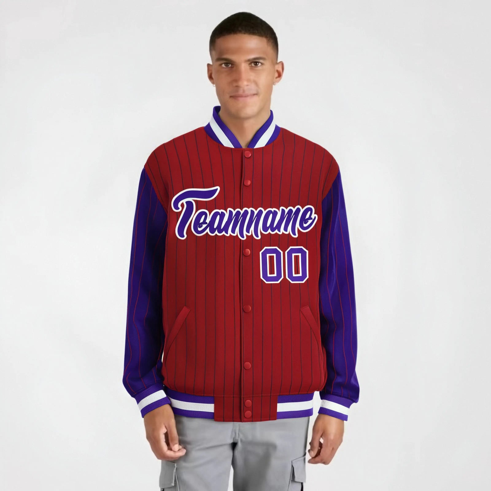 Custom Red Purple-Red Personalized Stripe Fashion Letterman Bomber Varsity Jacket
