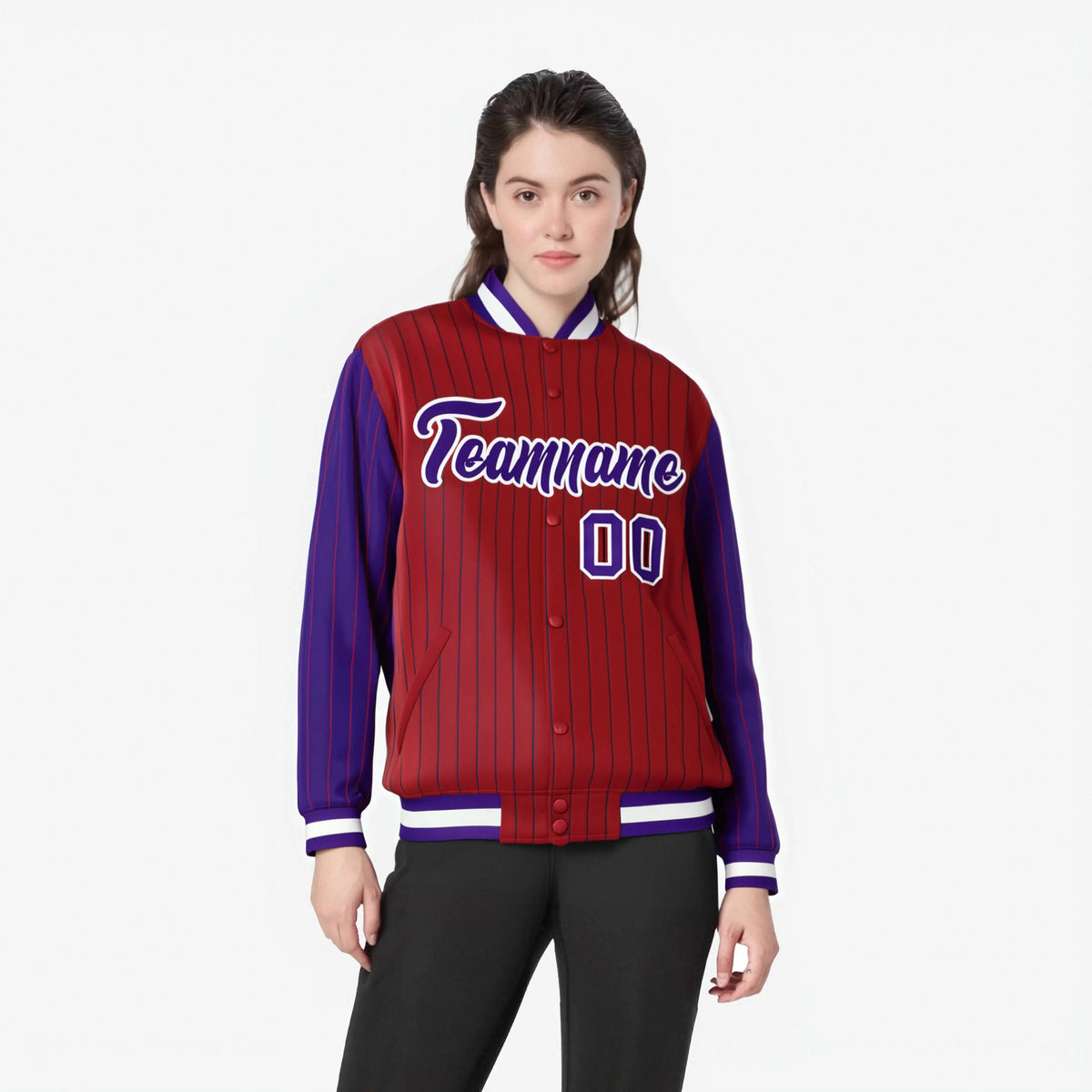 Custom Red Purple-Red Personalized Stripe Fashion Letterman Bomber Varsity Jacket