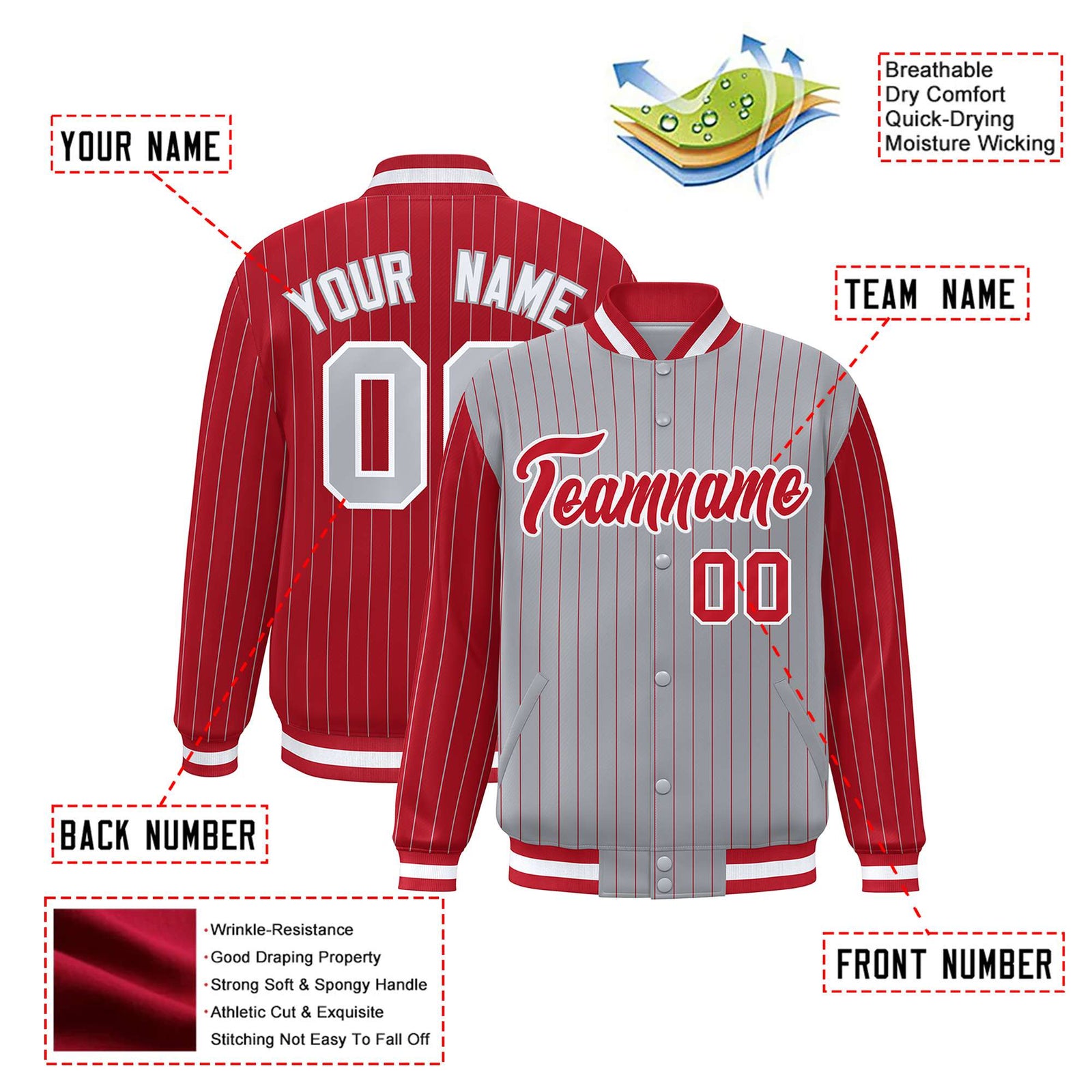 Custom Gray Red-Gray Personalized Stripe Fashion Letterman Bomber Varsity Jacket