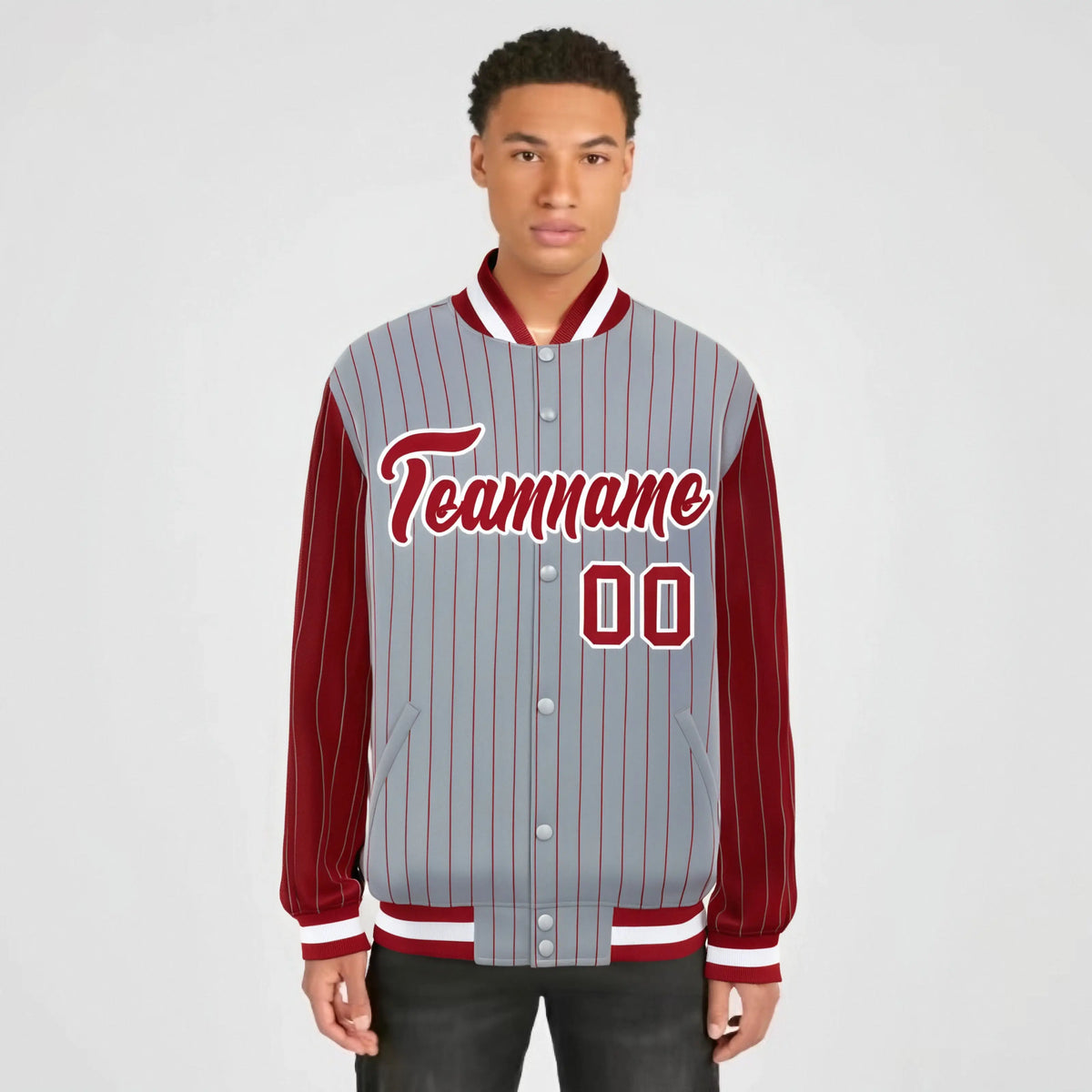 Custom Gray Red-Gray Personalized Stripe Fashion Letterman Bomber Varsity Jacket