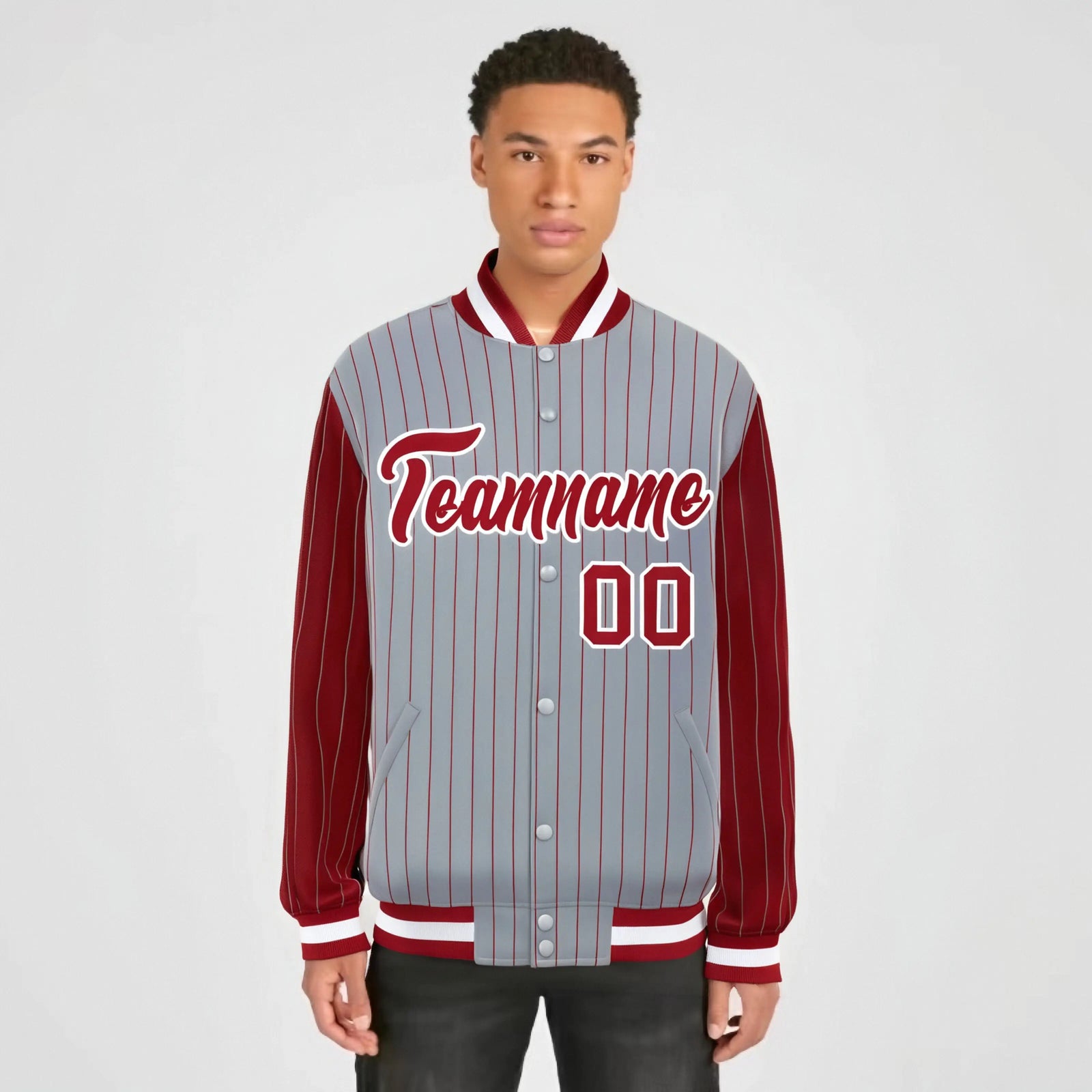 Custom Gray Red-Gray Personalized Stripe Fashion Letterman Bomber Varsity Jacket